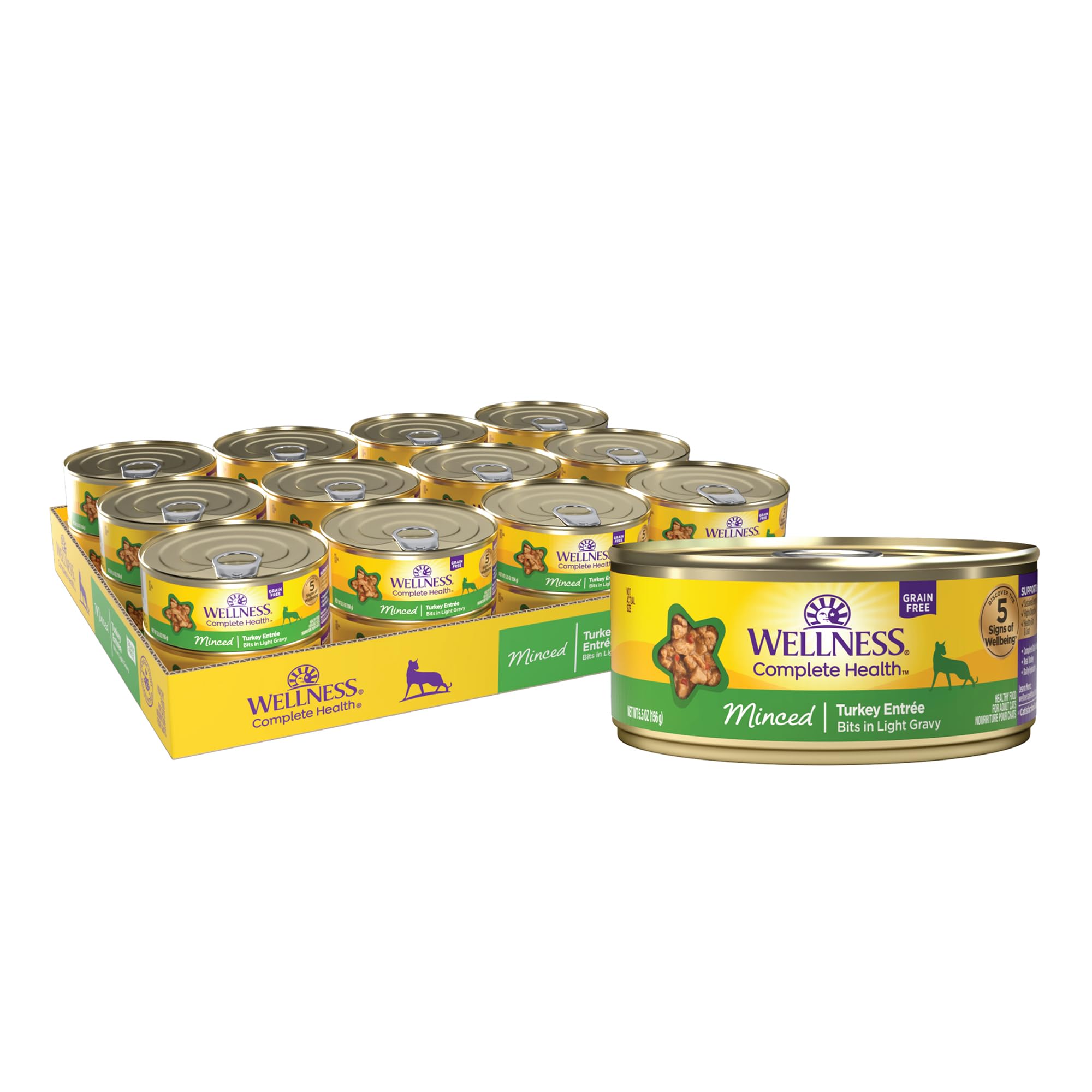 Wellness Complete Health pavo picado entremés en lata, porciones tiernas para gatos.