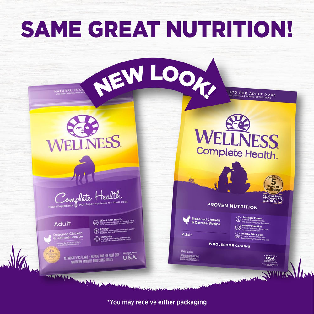 Wellness Complete Health, etiqueta nutricional destacando omega-3 para piel y pelaje.