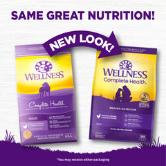 Wellness Complete Health, etiqueta nutricional destacando omega-3 para piel y pelaje.