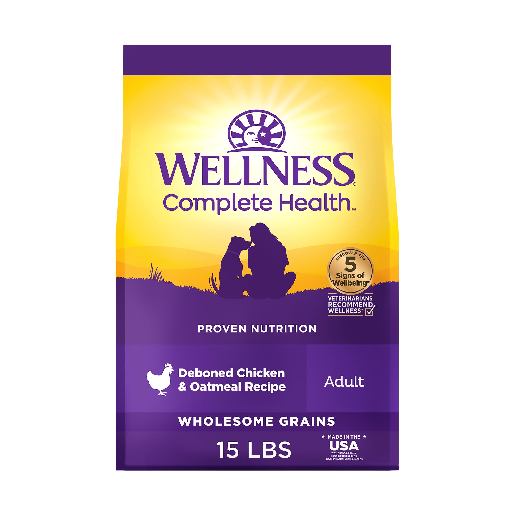 Wellness Complete Health, bolsa de 15 libras con croquetas de pollo y avena para nutrición diaria.