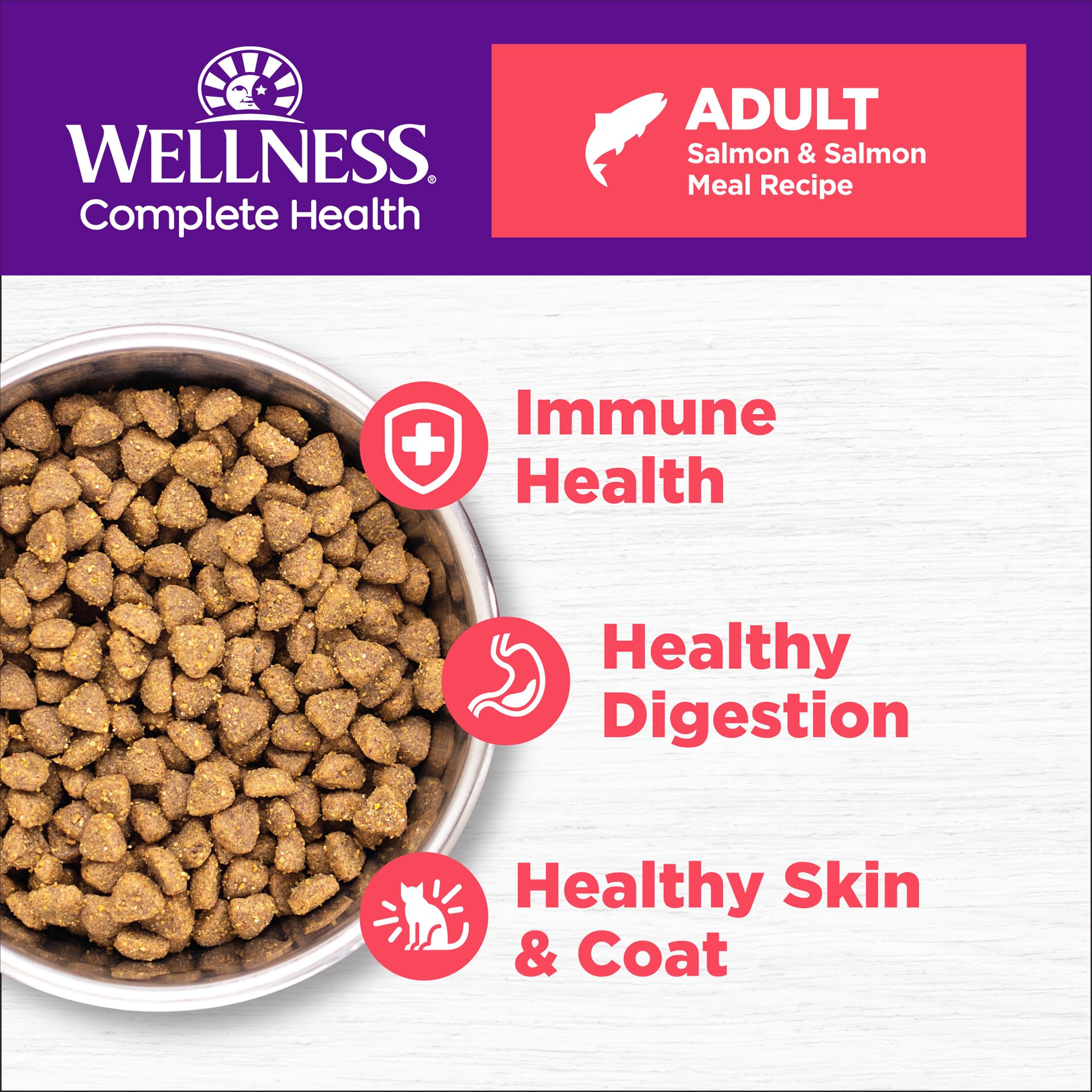 Wellness: primer ingrediente es salmón, sabor real para el gato.