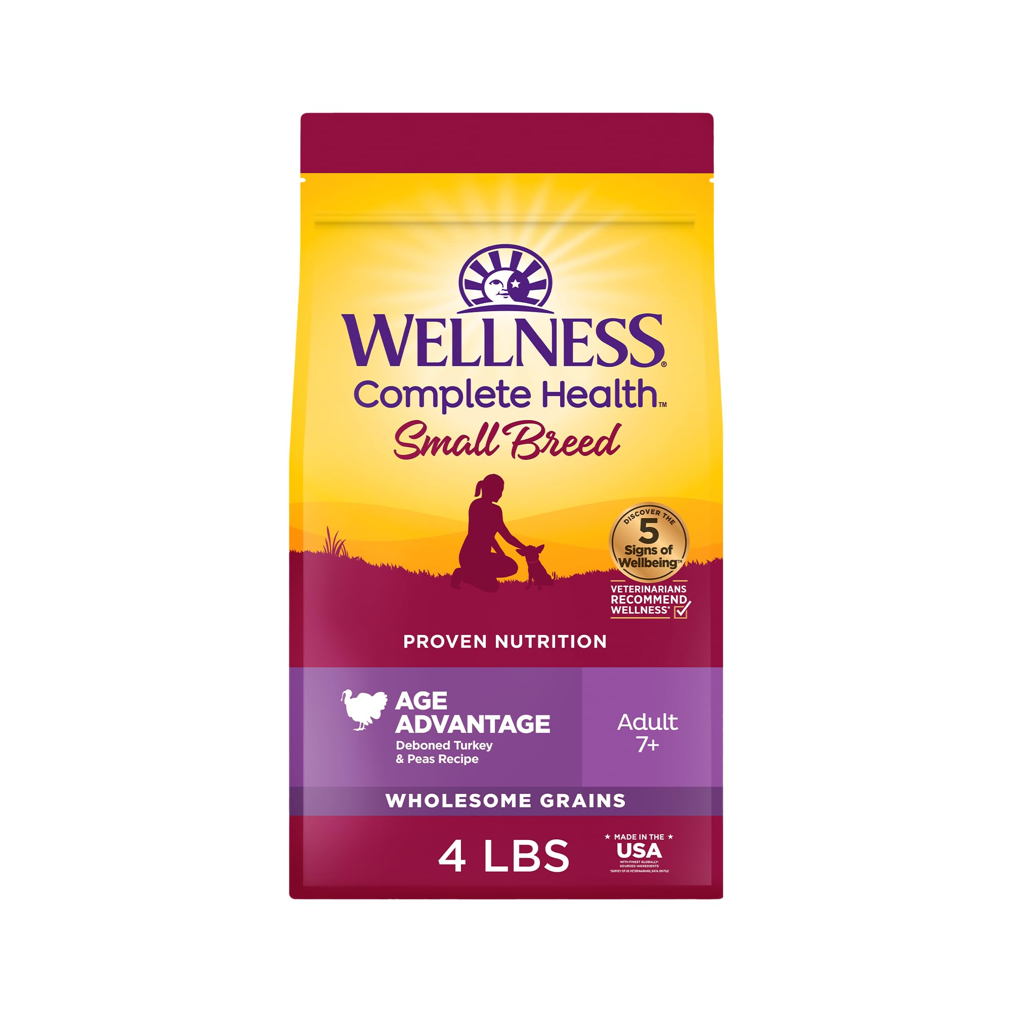Wellness Complete Health para perros senior de razas pequeñas, bolsa 4 lb lista para servir.