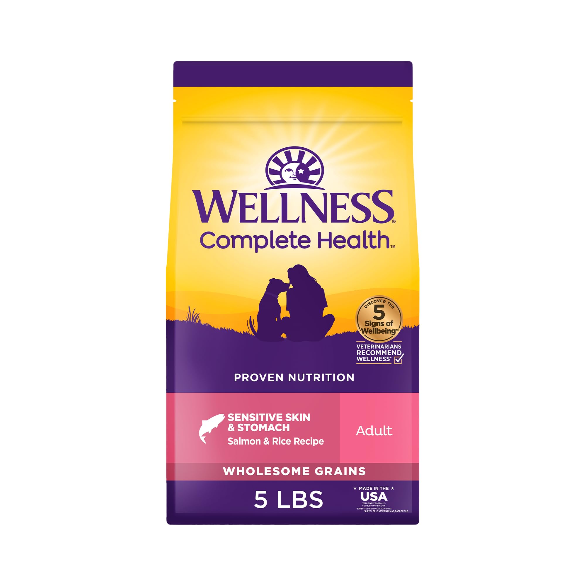 Wellness Complete Health: bolsa de 5 libras para perros con piel sensible.