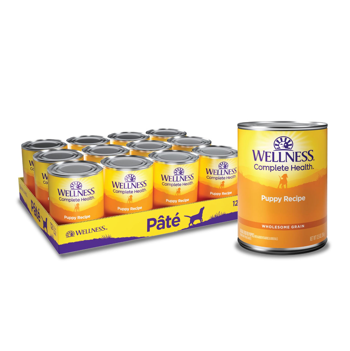 Wellness cachorros, lata de alimento húmedo, nutrición diaria para desarrollo equilibrado.