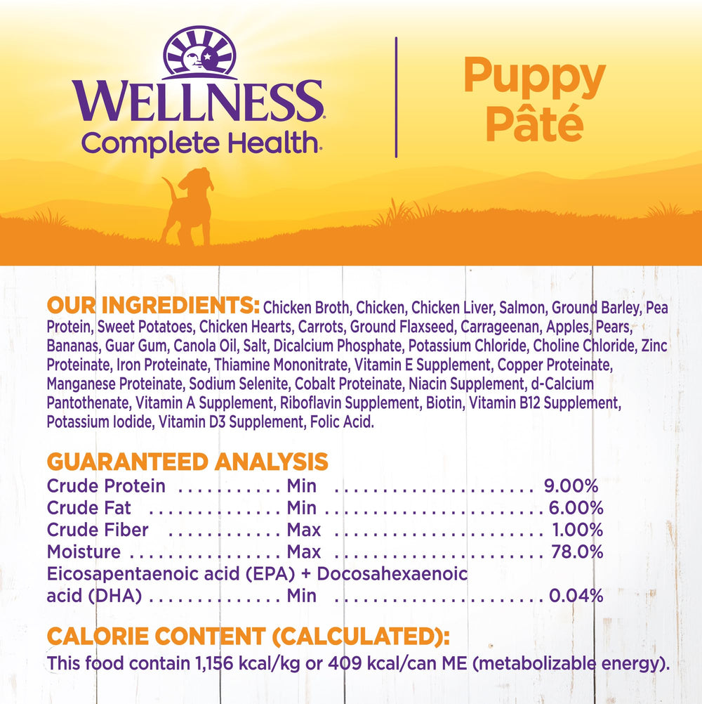 Wellness cachorros, sin maíz, trigo ni soya, ingredientes de alta calidad.