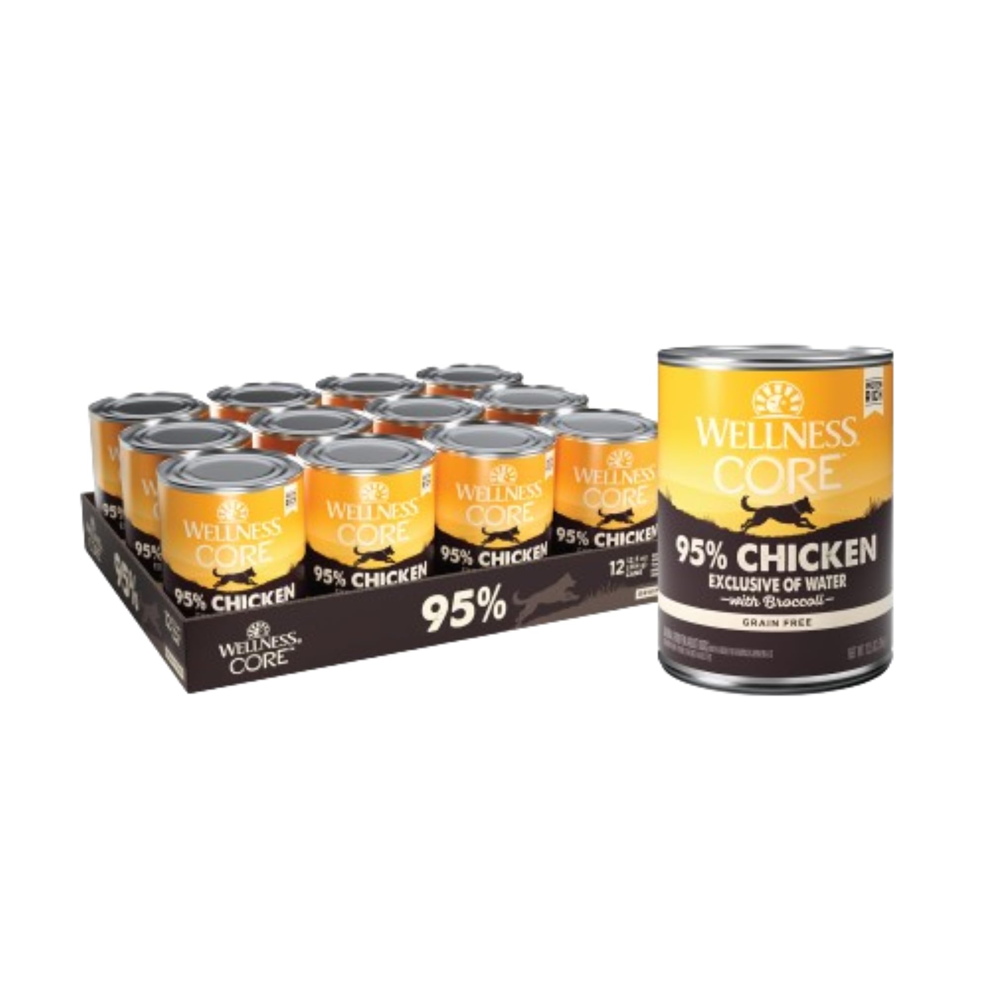 Wellness CORE 95, lata de pollo con brócoli, alta proteína para perros activos.