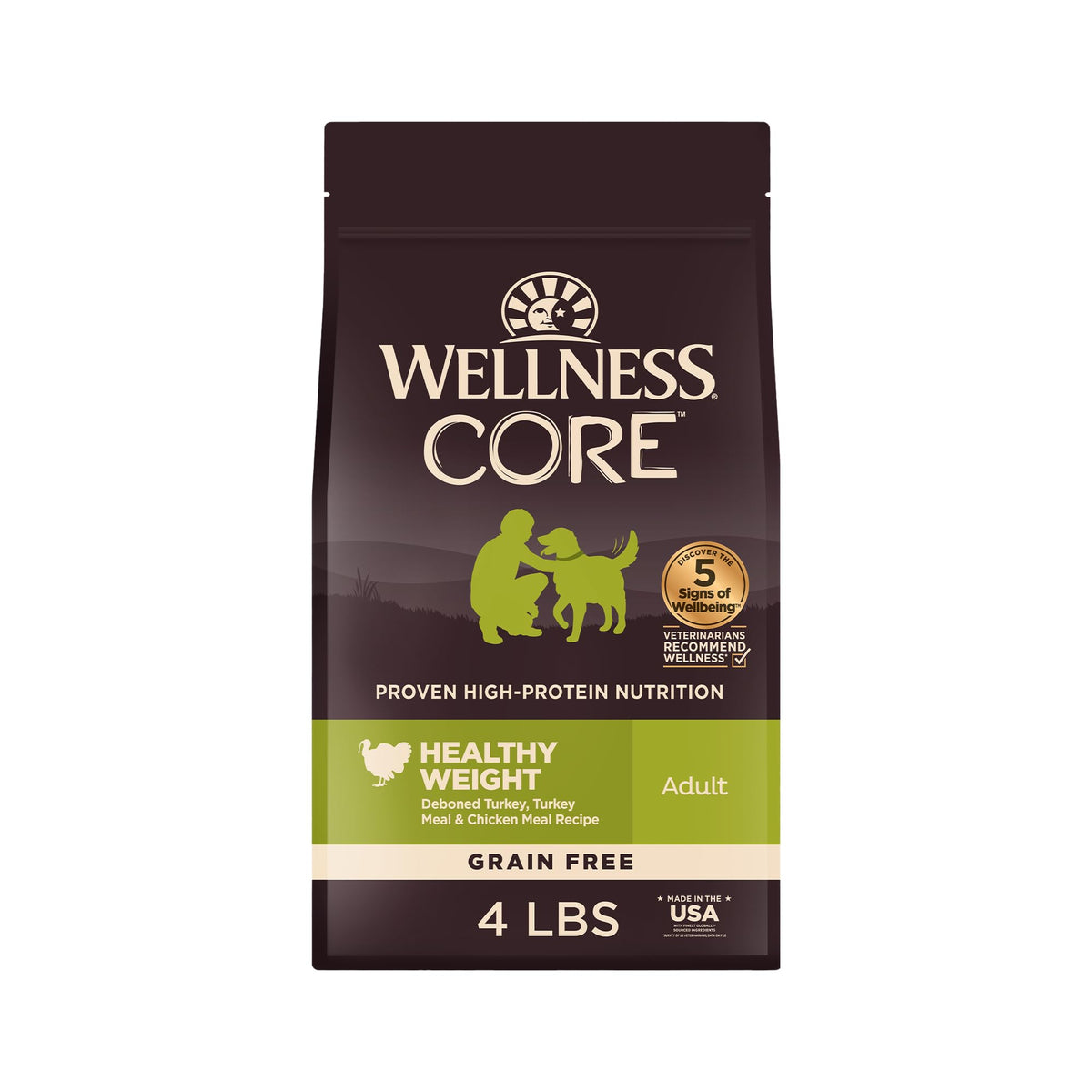 Wellness Core, envase de 4 libras, facilita la dosificación para perros adultos.