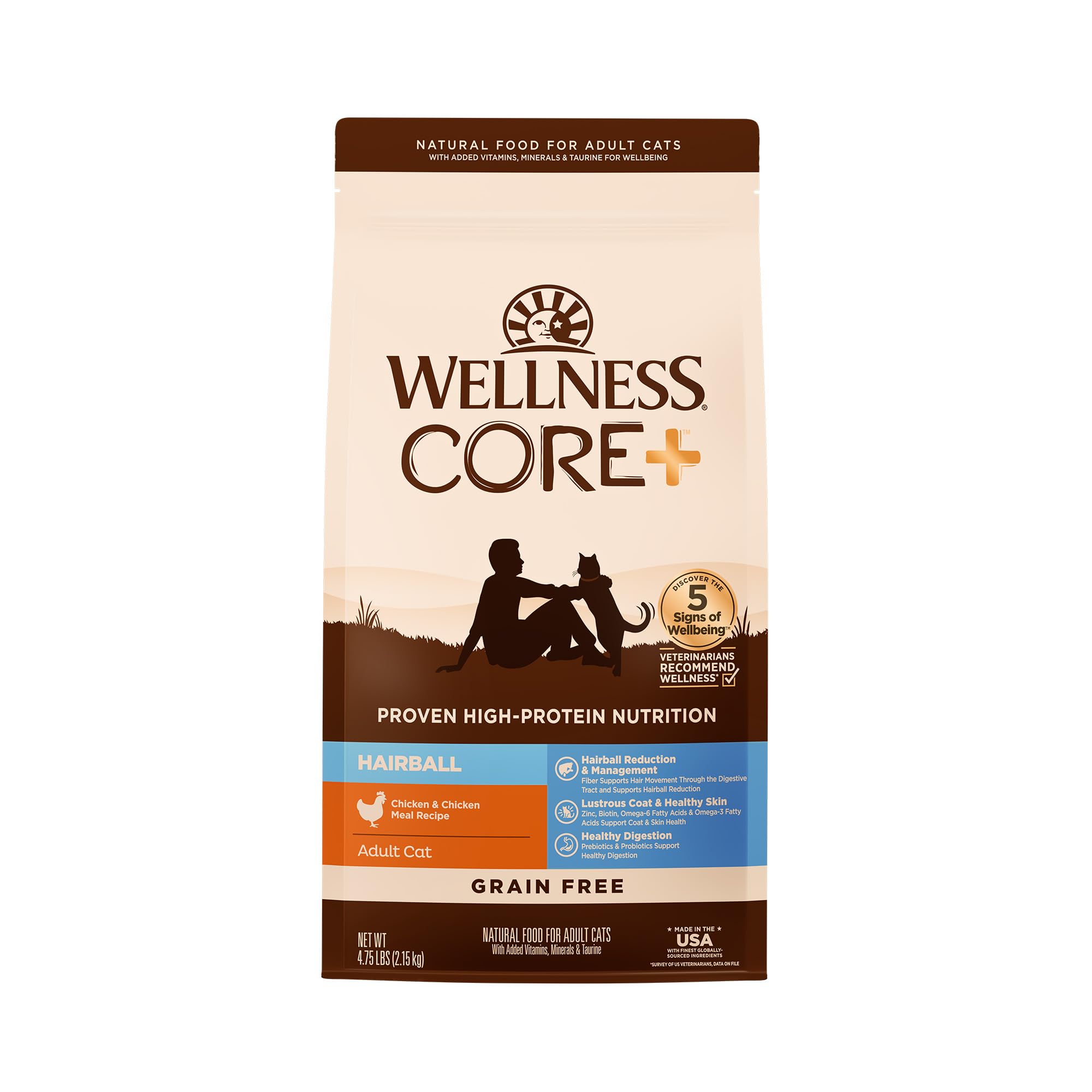 Wellness CORE+ Alimento seco para gatos, paquete visible, sin granos para reducción de bolas de pelo.