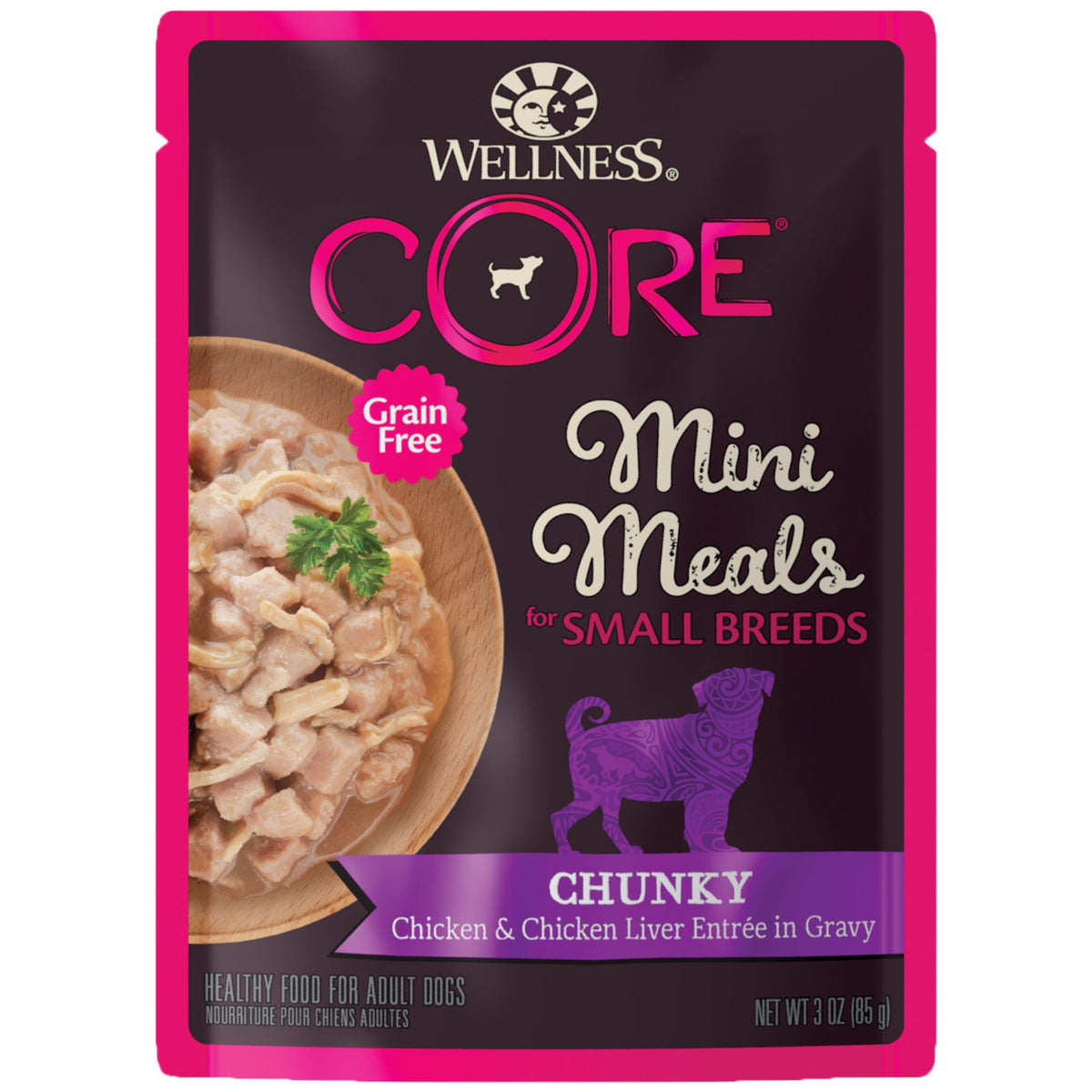 Wellness CORE: bolsa de 3 onzas con pollo e hígado en salsa para perros pequeños.