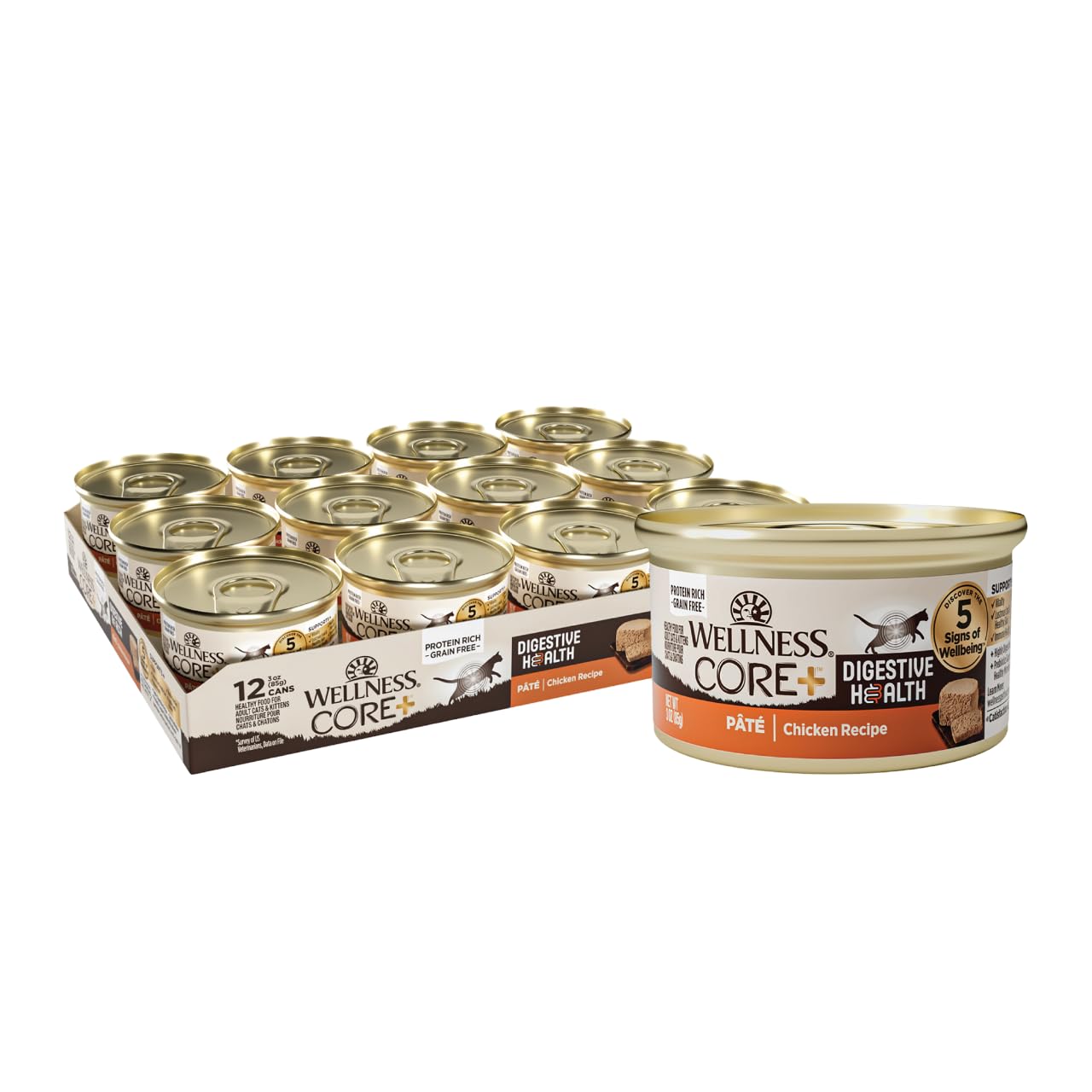 Wellness CORE+ Pate digestivo para gatos, lata de pollo, favorece digestión suave.