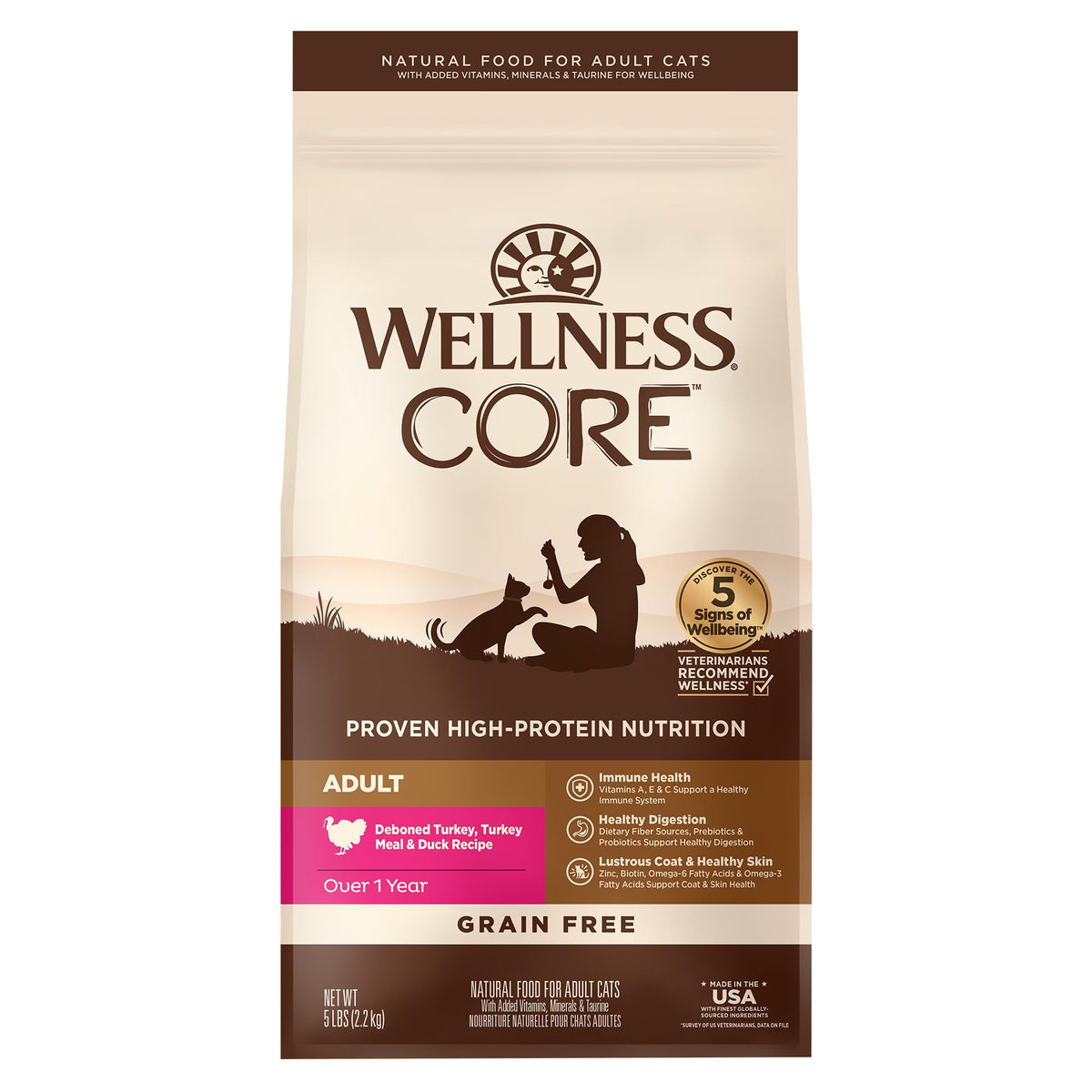 Wellness CORE para gatos adultos, bolsa de comida seca con pavo y pato, sabor nutritivo.