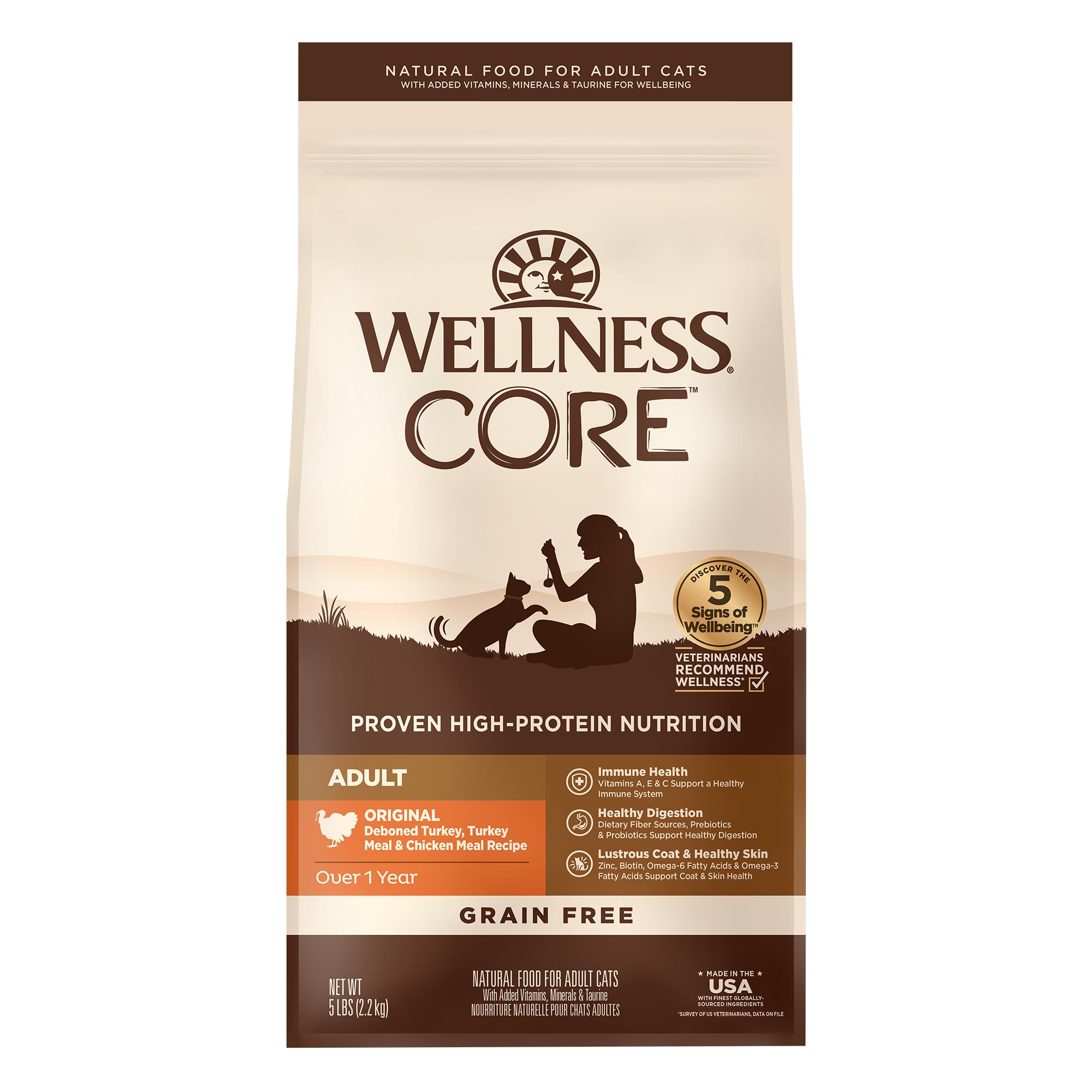 Bienestar Wellness Core para gato adulto sin granos, bolsa de 5 lb con pavo y pollo.