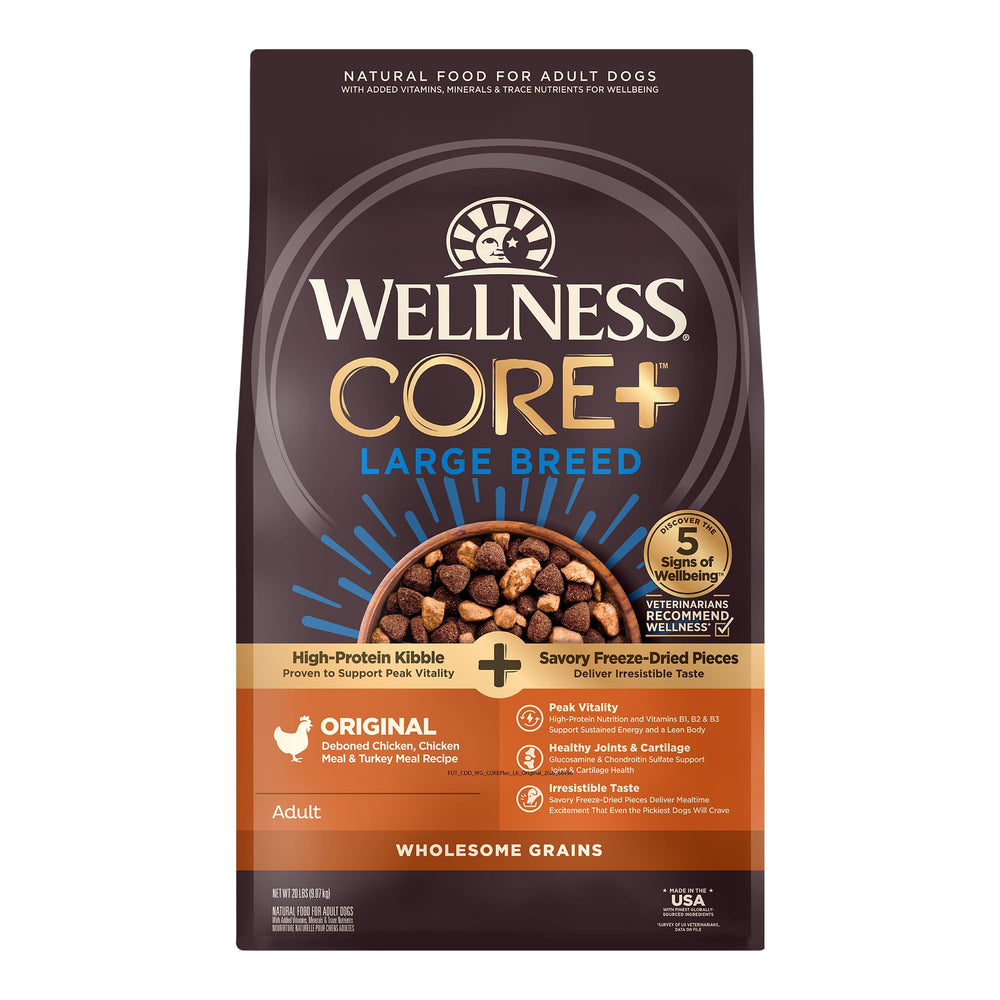 Wellness CORE+ alimento para perro grande con piezas congeladas, sabor y proteína.