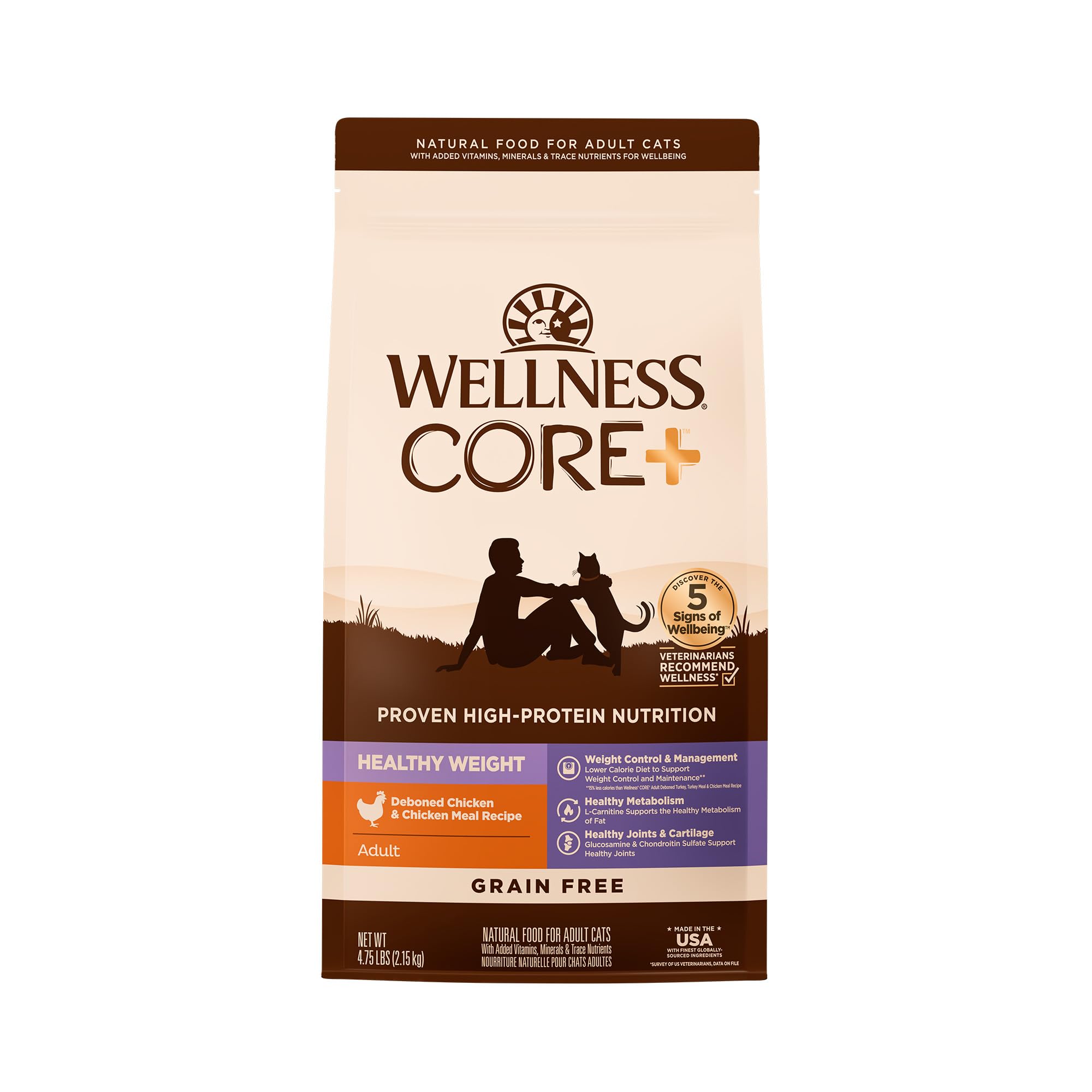 Wellness CORE+ alimento seco para gatos adultos con pollo, ayuda a vitalidad y control de peso