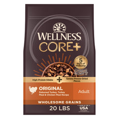 Wellness CORE+ alimento seco para perros, receta original de pavo y pollo, sabor atractivo.