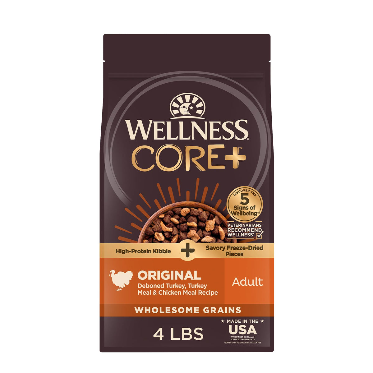 Wellness CORE+ bolsa de 4 libras, fuente de proteína para perros activos.