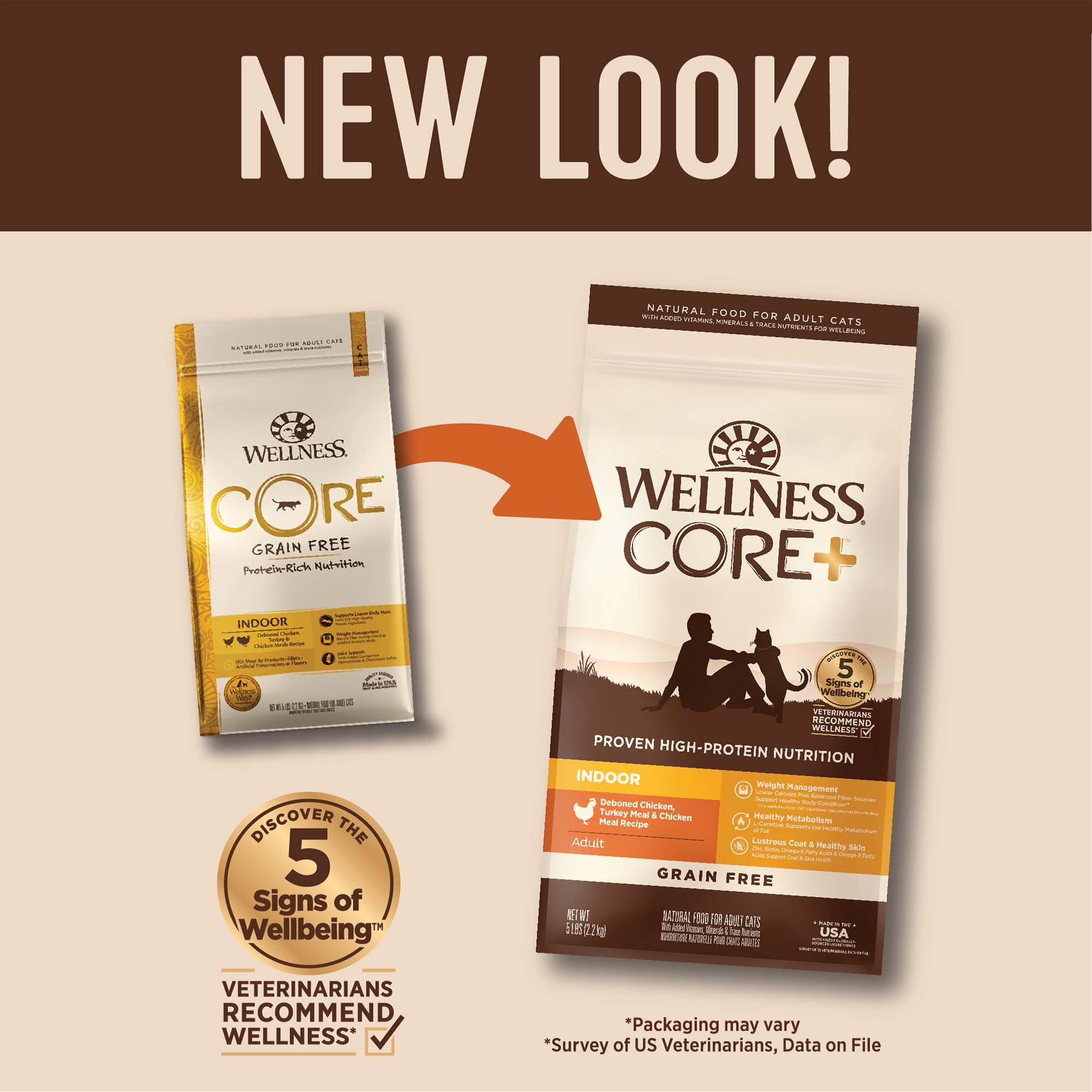 Wellness CORE+ croquetas crujientes para gatos, sabor delicioso sin granos.