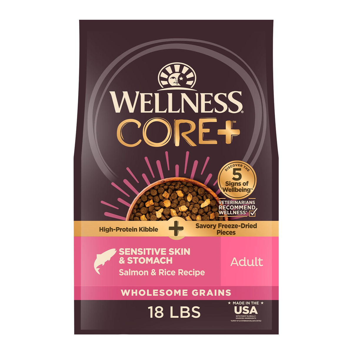Wellness CORE+ croquetas secas con salmón y arroz para nutrición equilibrada.