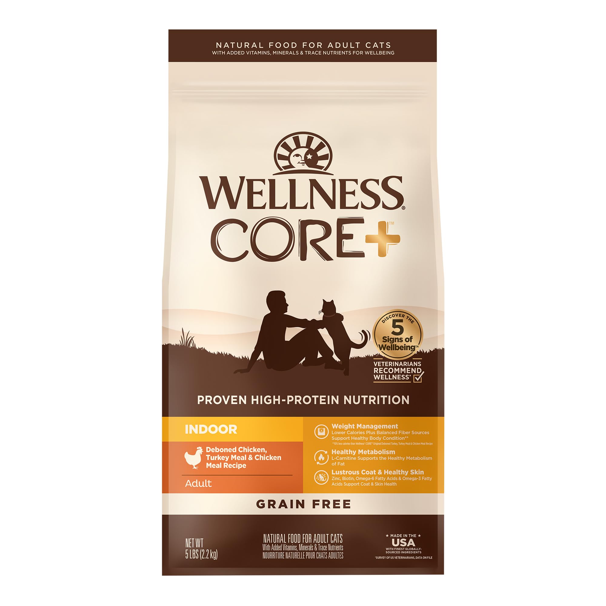 Wellness CORE+ para gatos de interior en bolsa de 2,27 kg sin granos y listo para servir.