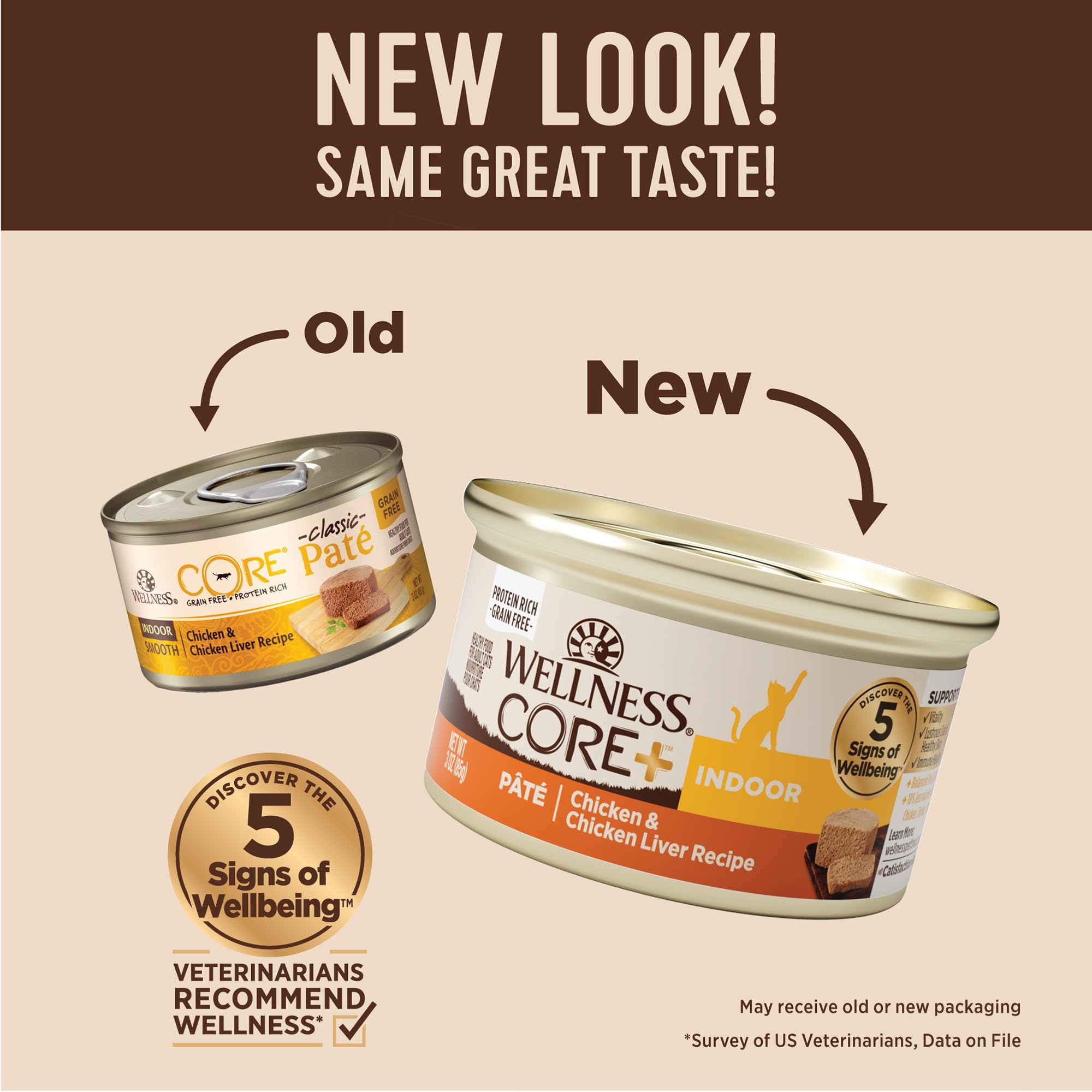 Wellness CORE+ Indoor Pate: etiqueta visible, fórmula sin granos para gatos saludables.
