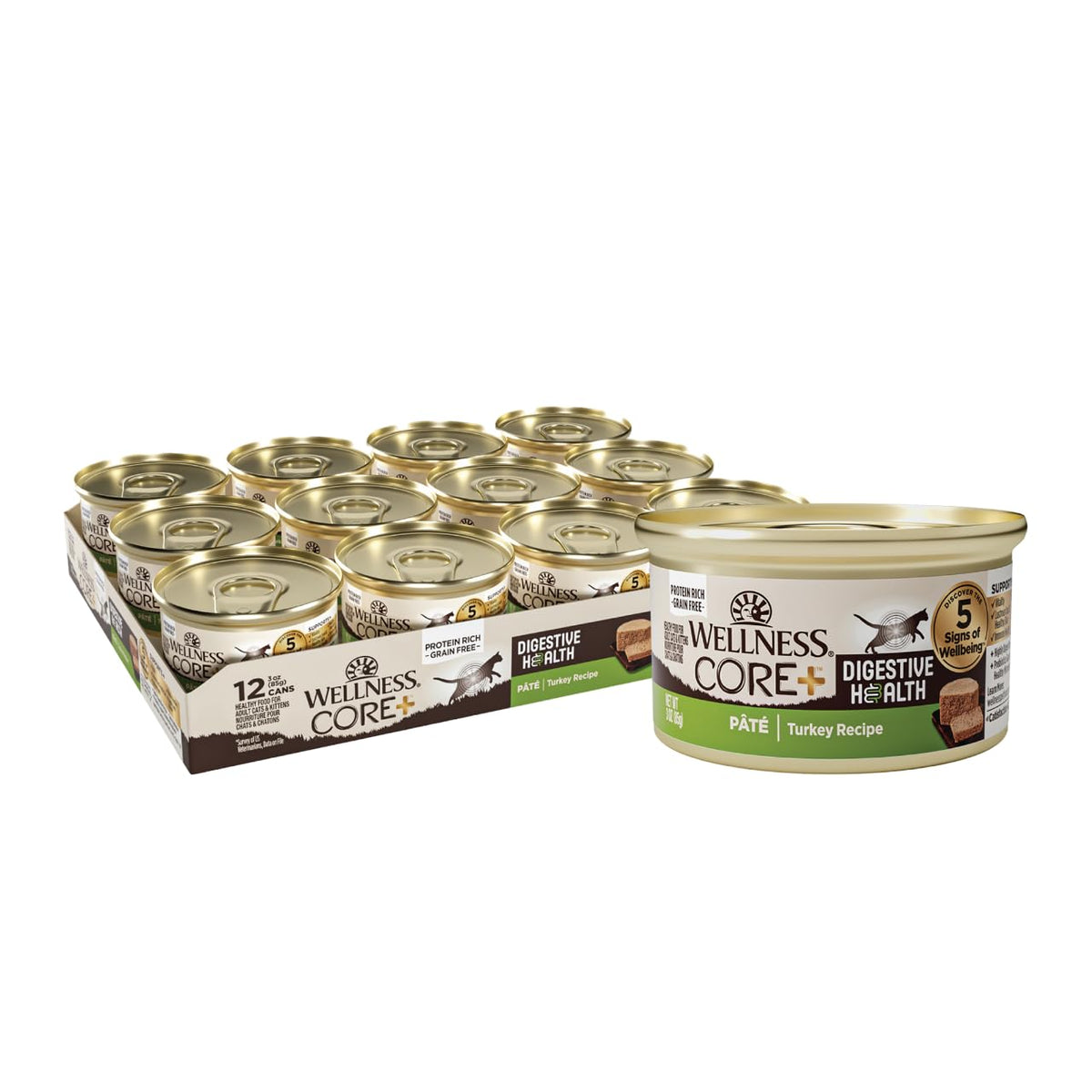 Wellness CORE+ Paté Digestivo para Gatos, lata de pavo en primer plano, proteína de alta calidad.