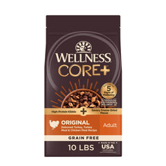 Wellness CORE+ croquetas sin granos para perros adultos, alto contenido proteico.