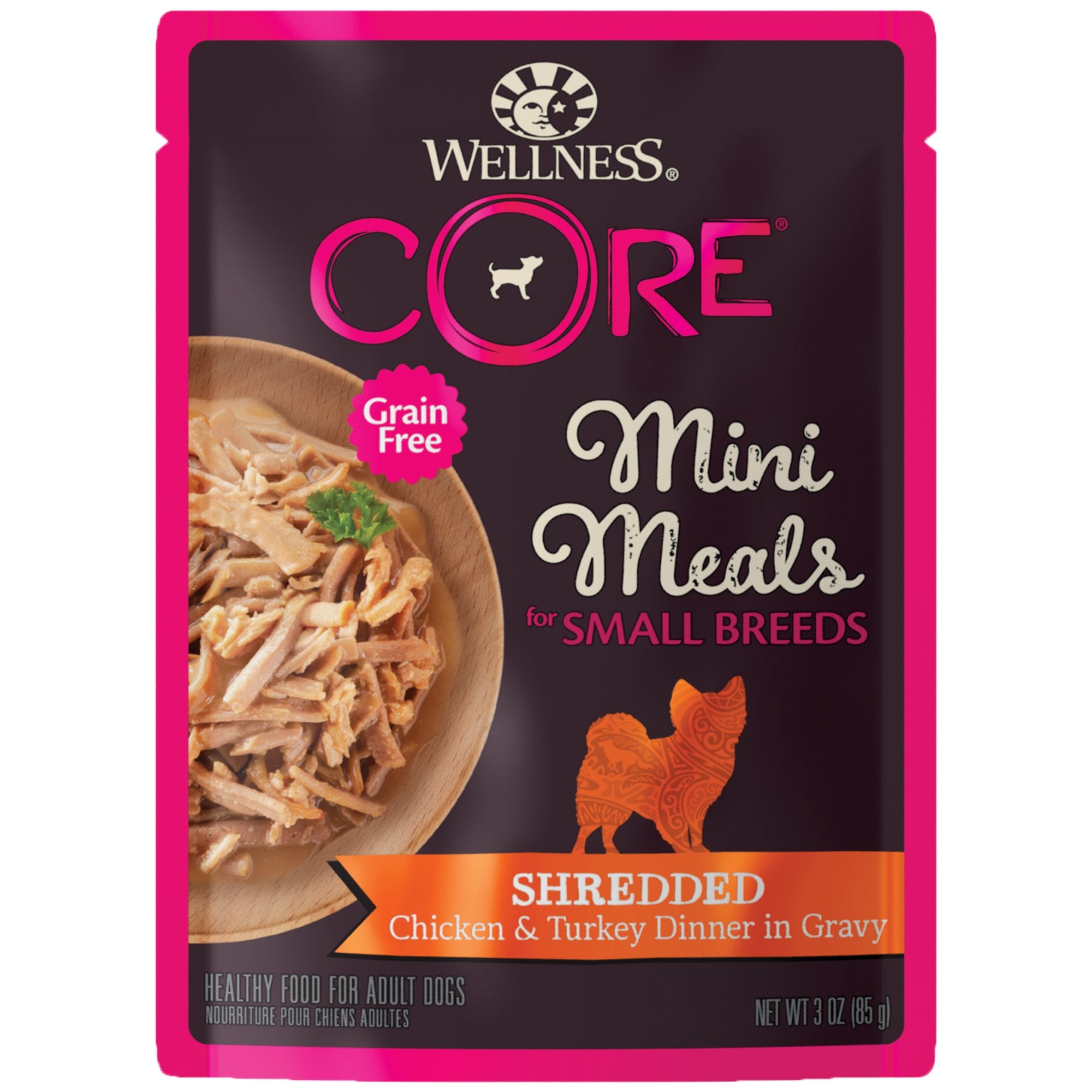 Wellness CORE, porción pollo y pavo en salsa, ideal para perros pequeños.