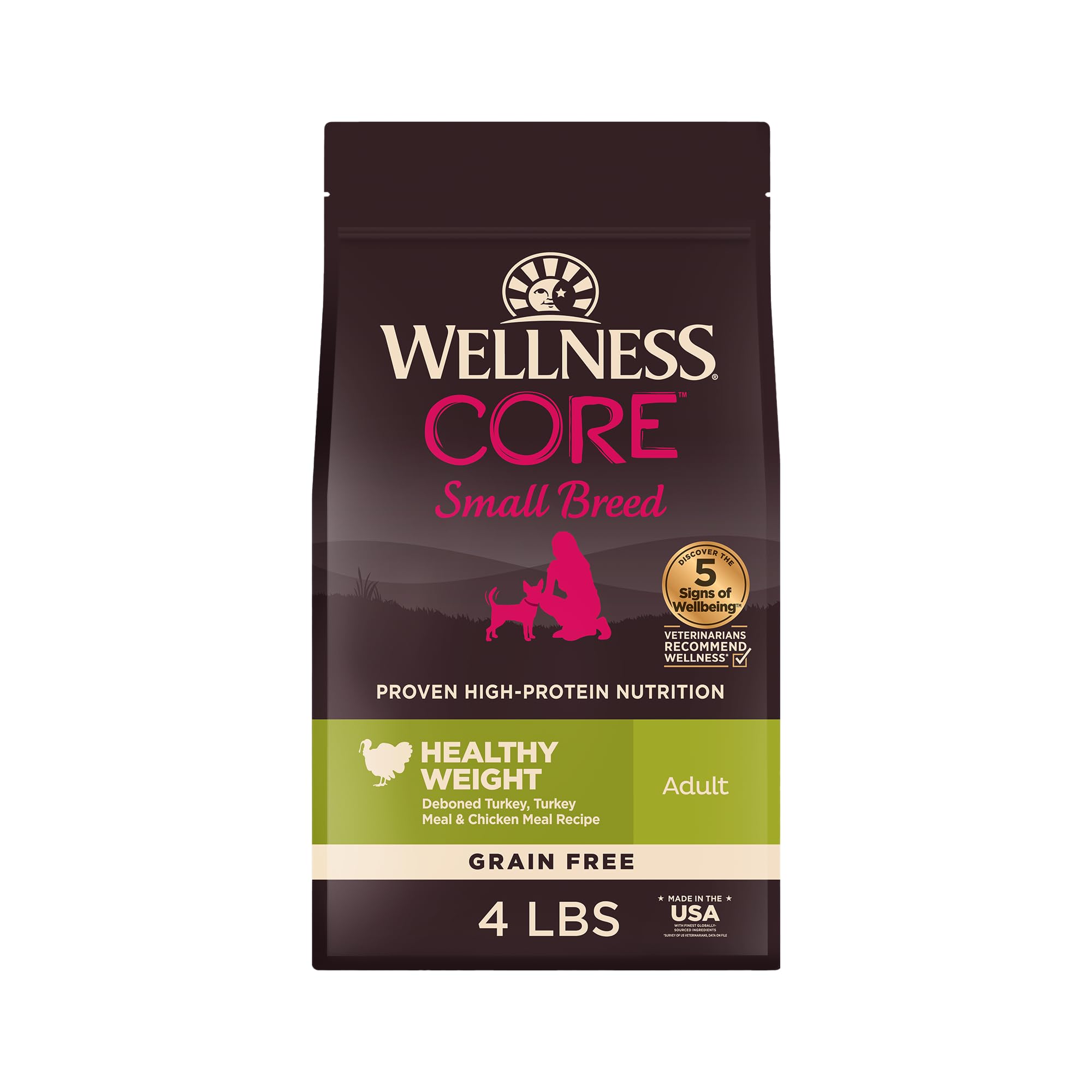 Wellness CORE seco para razas pequeñas, primer plano de croquetas, alta proteína para dieta equilibrada.