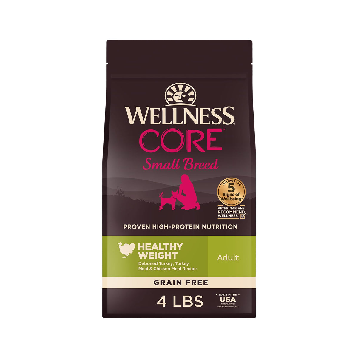 Wellness CORE seco para razas pequeñas, primer plano de croquetas, alta proteína para dieta equilibrada.