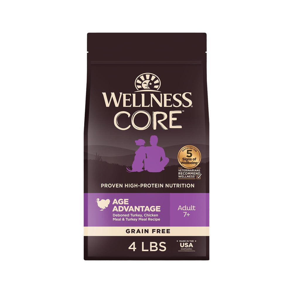 Wellness Core Senior croquetas de pavo y pollo en bolsa, nutrición completa para perros mayores.