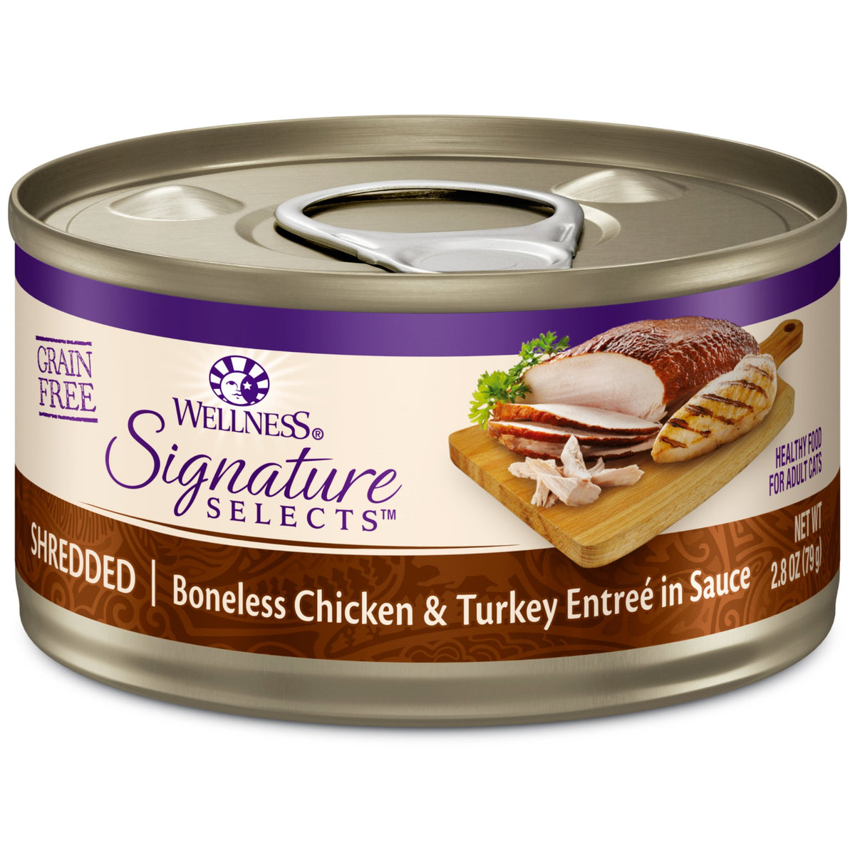 Wellness CORE Signature Selects desmenuzado pollo-pavo en lata, alto en proteína para gatos activos.