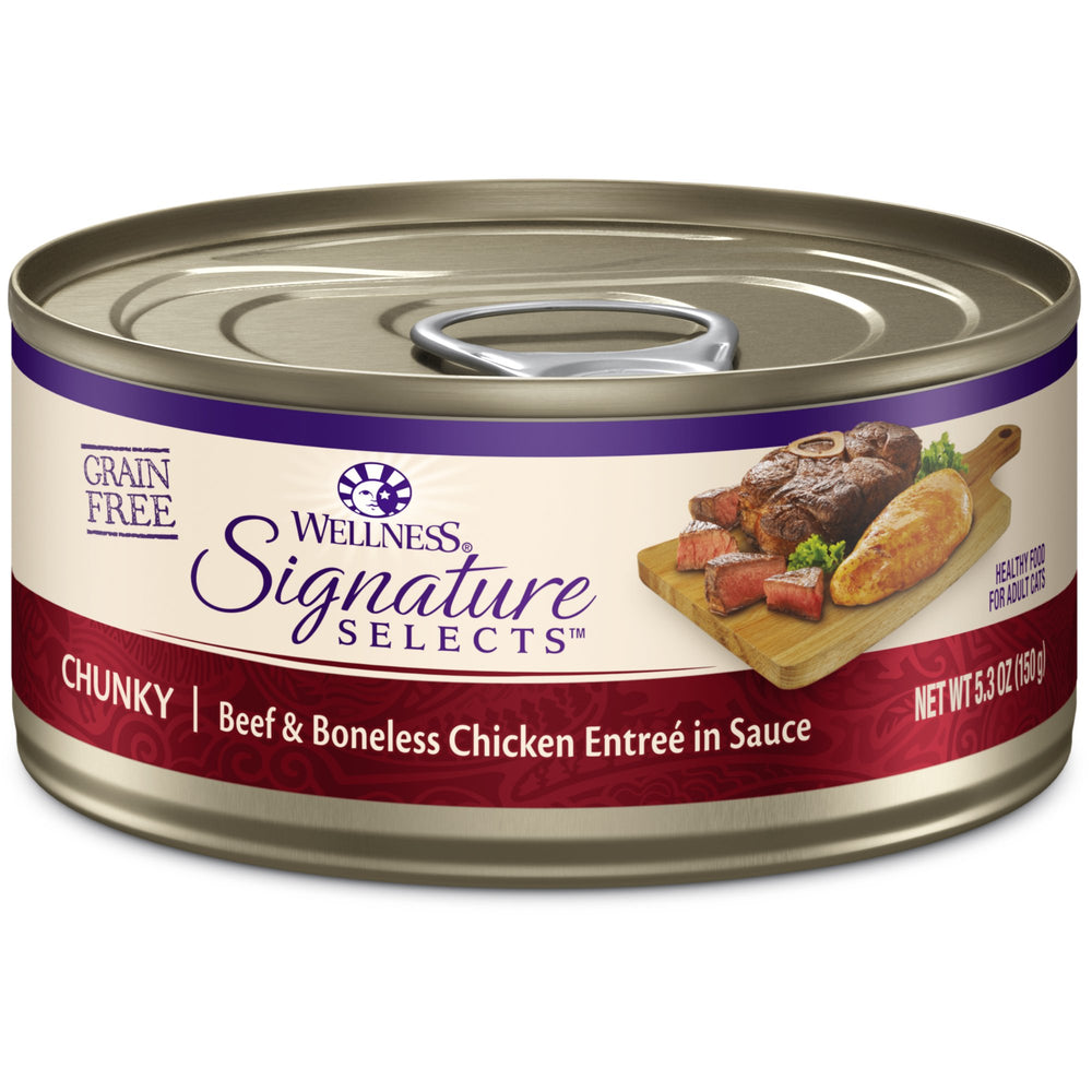 Wellness CORE Signature Selects lata carne y pollo trozos, palatabilidad elevada para gatos adultos.