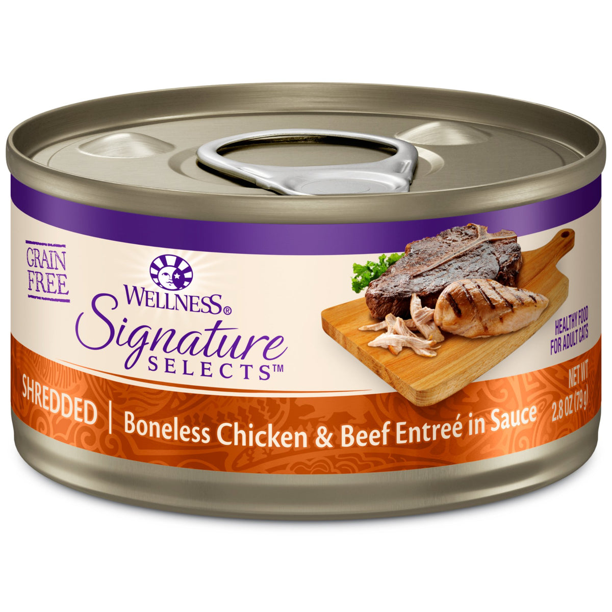Wellness CORE Signature Selects: lata abierta con pollo y res deshilachados en salsa.