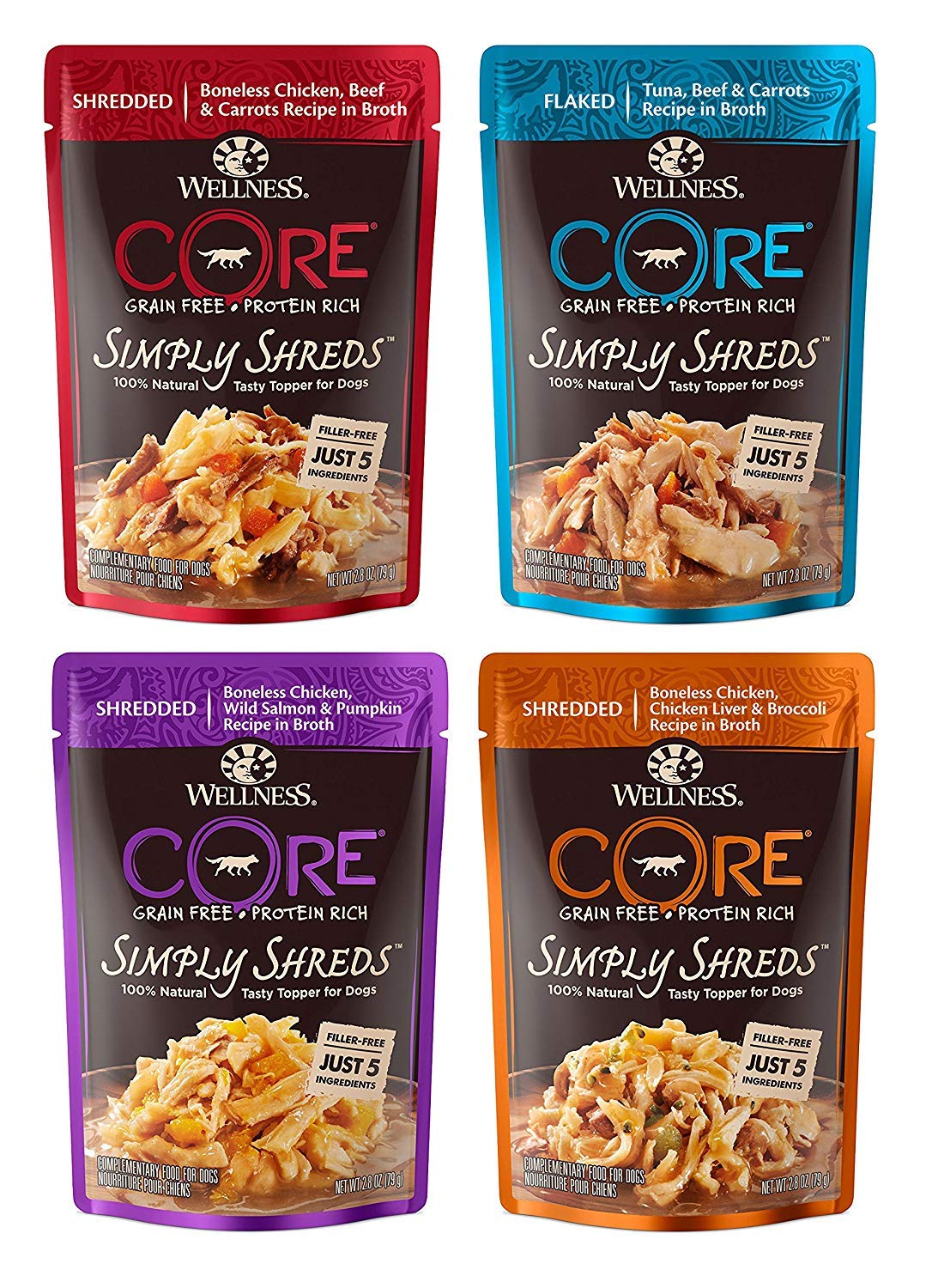 Wellness CORE Simply Shreds: variedad de sabores en sobres, complemento ideal para comidas.