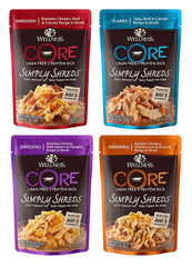 Wellness CORE Simply Shreds: variedad de sabores en sobres, complemento ideal para comidas.