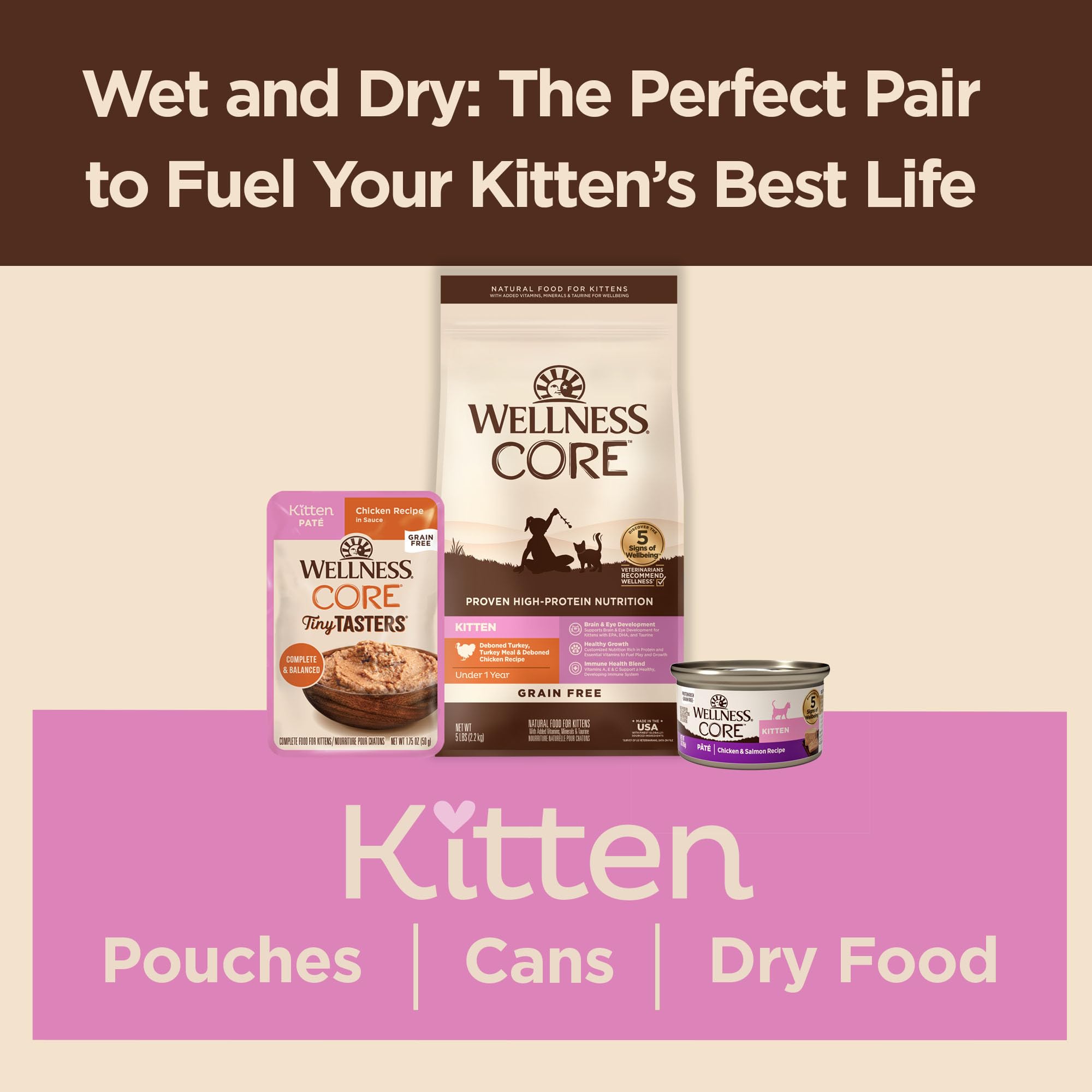 Wellness CORE, textura jugosa para gatitos curiosos y alimentaciones diarias.