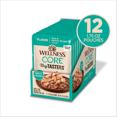 Wellness CORE Tiny Tasters copos de atún salmón para nutrición proteica.