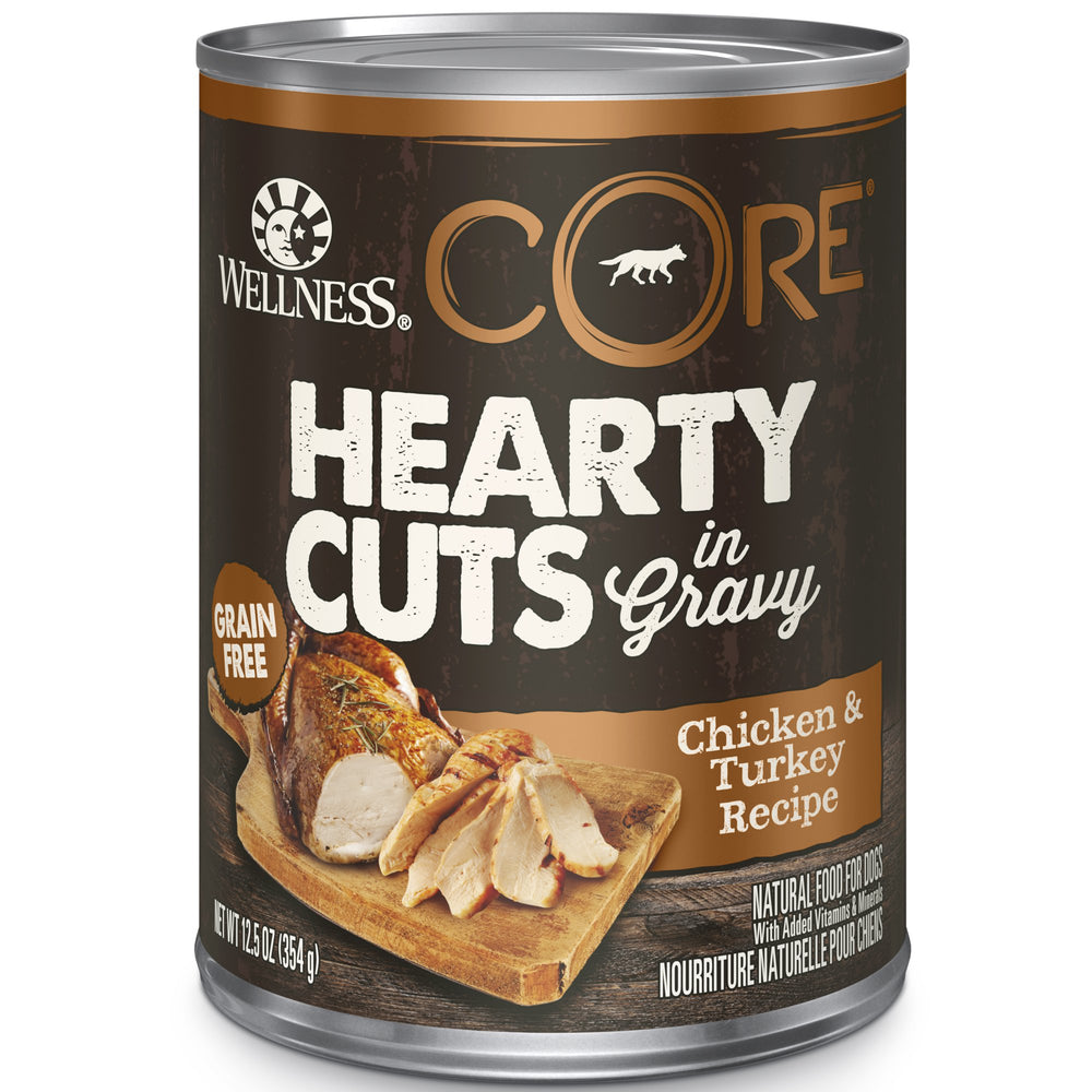 Wellness CORE trozos de pollo y pavo en lata, comida completa para perros adultos.