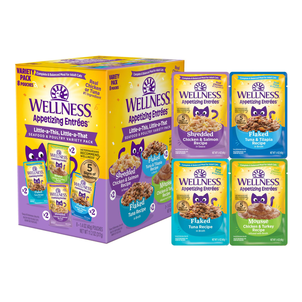 Wellness Entradas atún en copos para gatos adultos, proteína principal y sabor atractivo