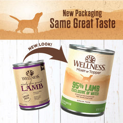 Etiqueta Wellness: fórmula natural sin granos para perros activos y sensibles.
