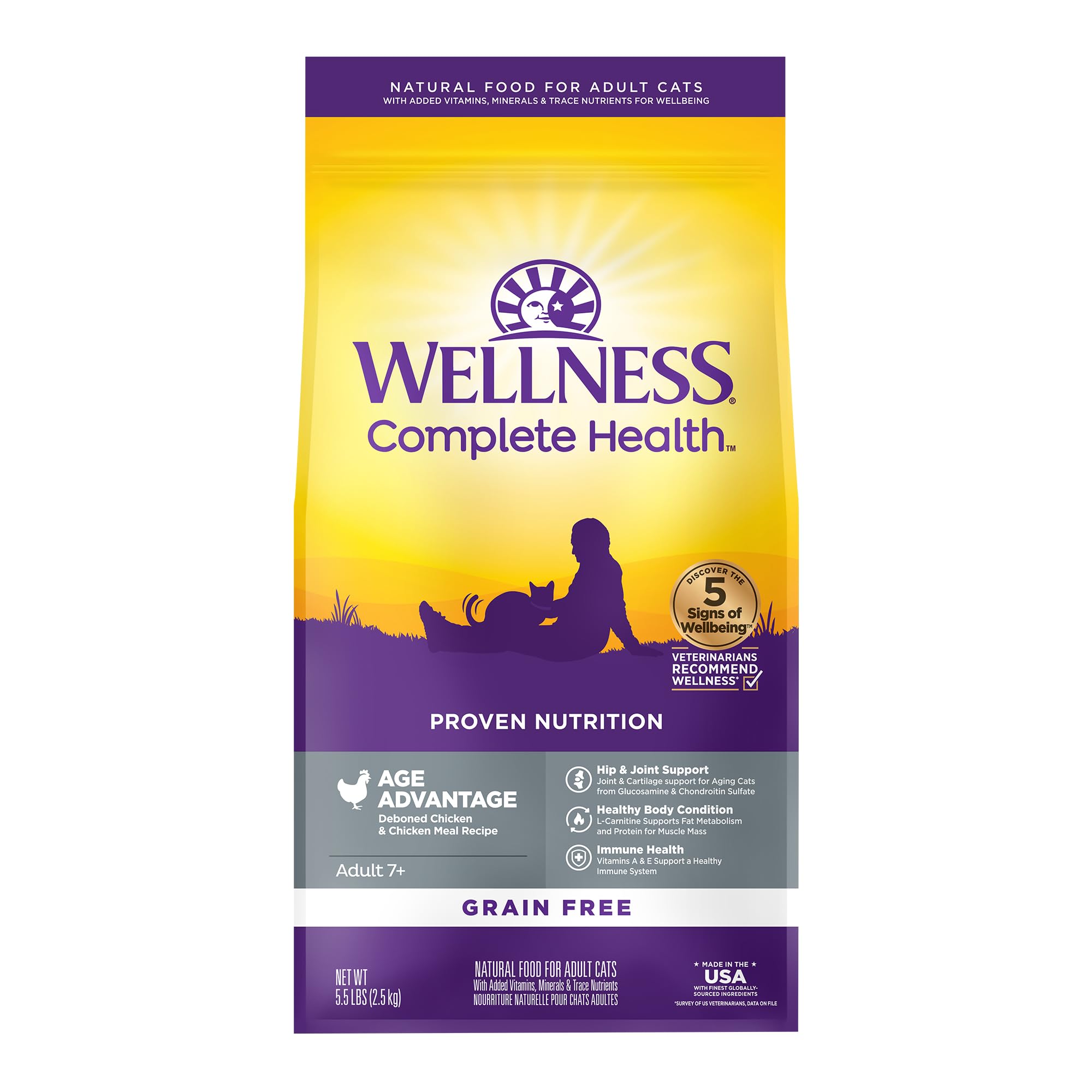 Wellness gato anciano, envase de 5 libras, alimentación diaria conveniente.