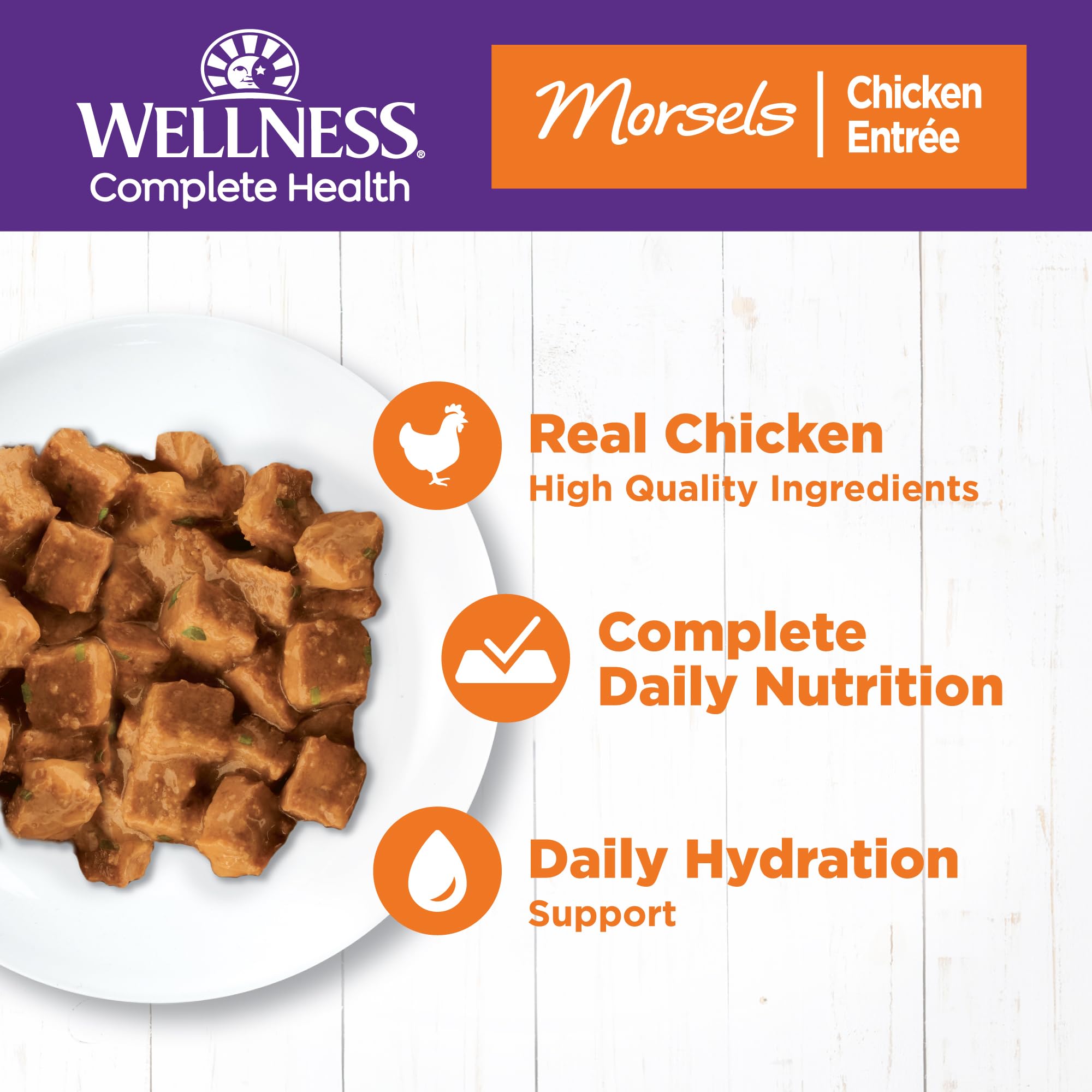 Wellness Gato comida húmeda de pollo sin granos para nutrición equilibrada.