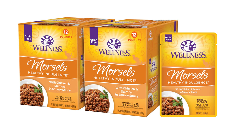 Wellness Healthly Indulgence Morsels - bolsa pollo-salmon 3 onzas, fácil de servir para gatos adultos.