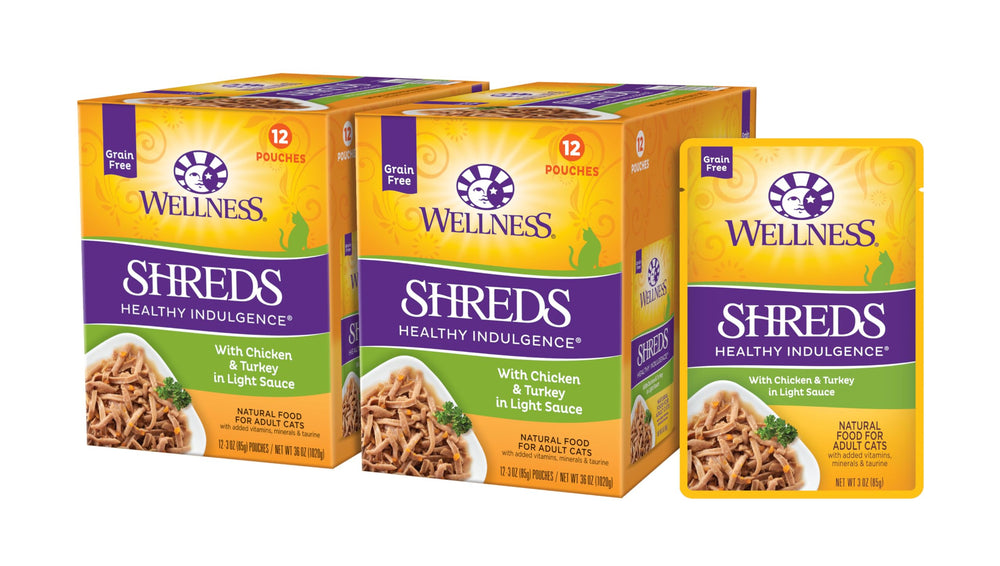 Wellness Healthly Indulgence Shreds muestra empaque fácil de servir para comida húmeda sin desorden