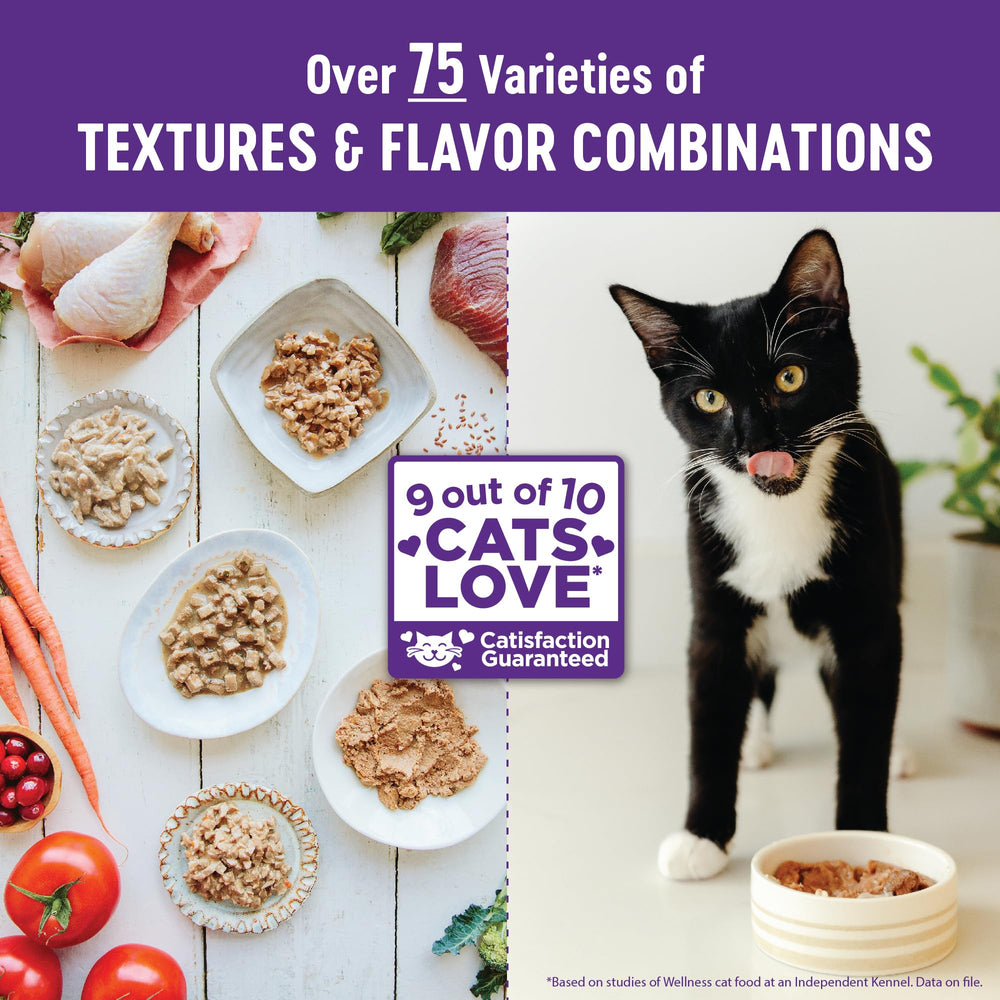 Wellness mordiscos indulgentes para gatos sobre de hígado de pollo con sabor suave.