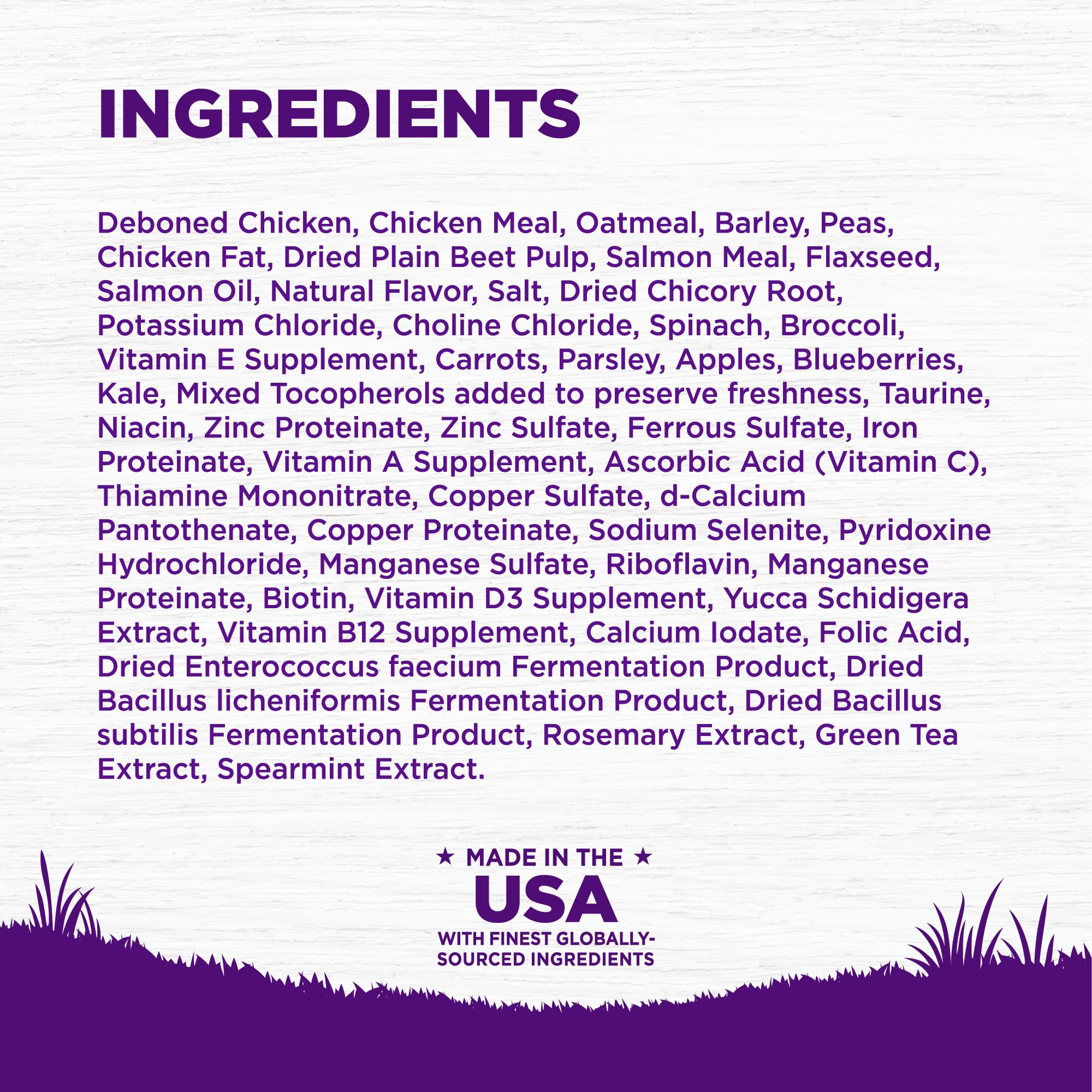 Wellness Ingredientes pollo, avena y salmón, combinación nutritiva.