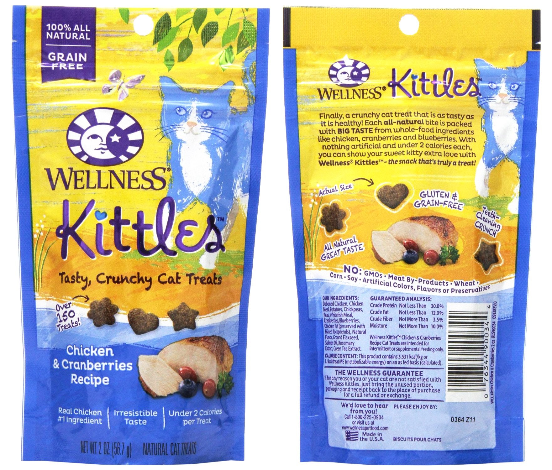 Wellness Kittles pollo-arándanos, snack crujiente que ayuda a limpiar dientes.