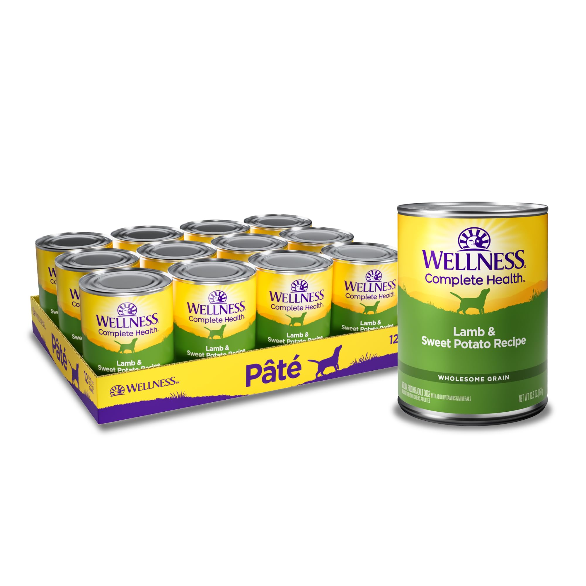 Wellness laca cordero y patata dulce: alimento húmedo completo para perros activos.