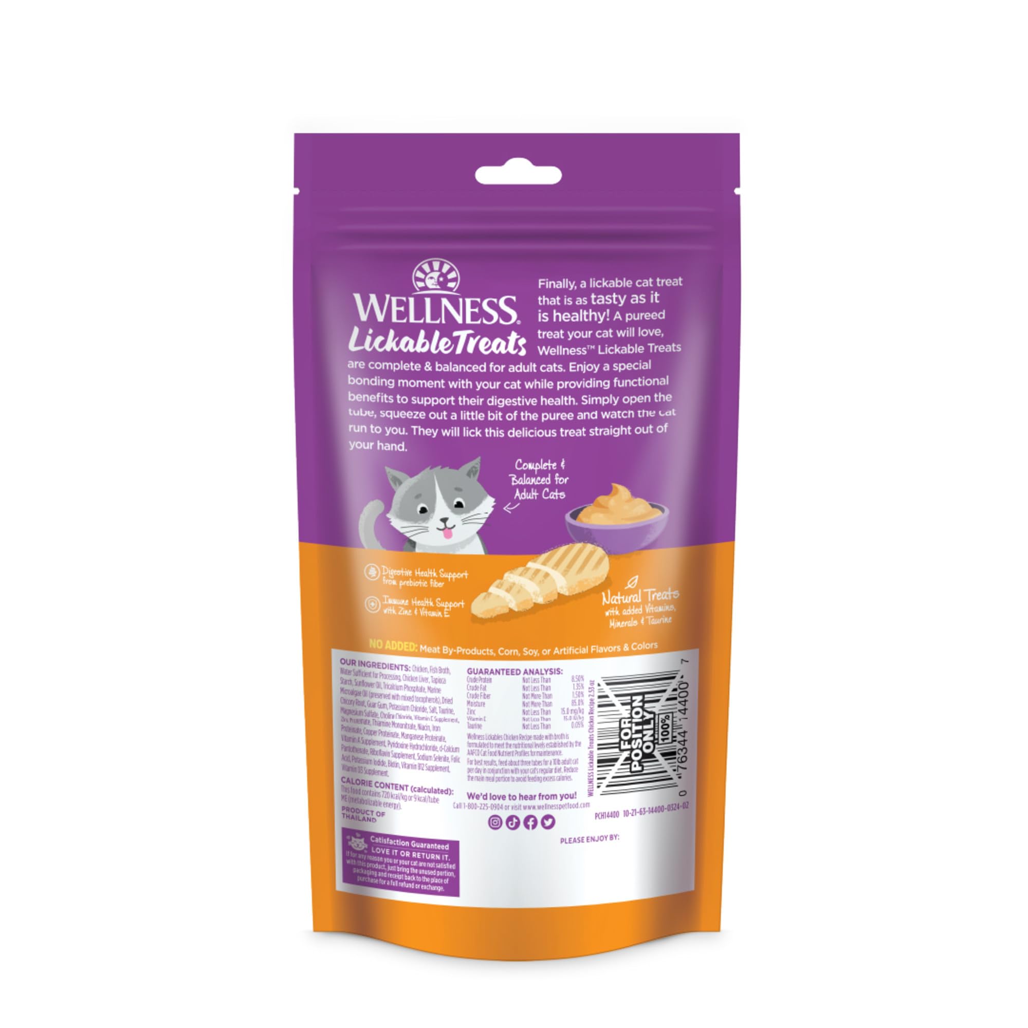 Wellness Lickable Purée Gato Pollo: experiencia sensorial suave y agradable.