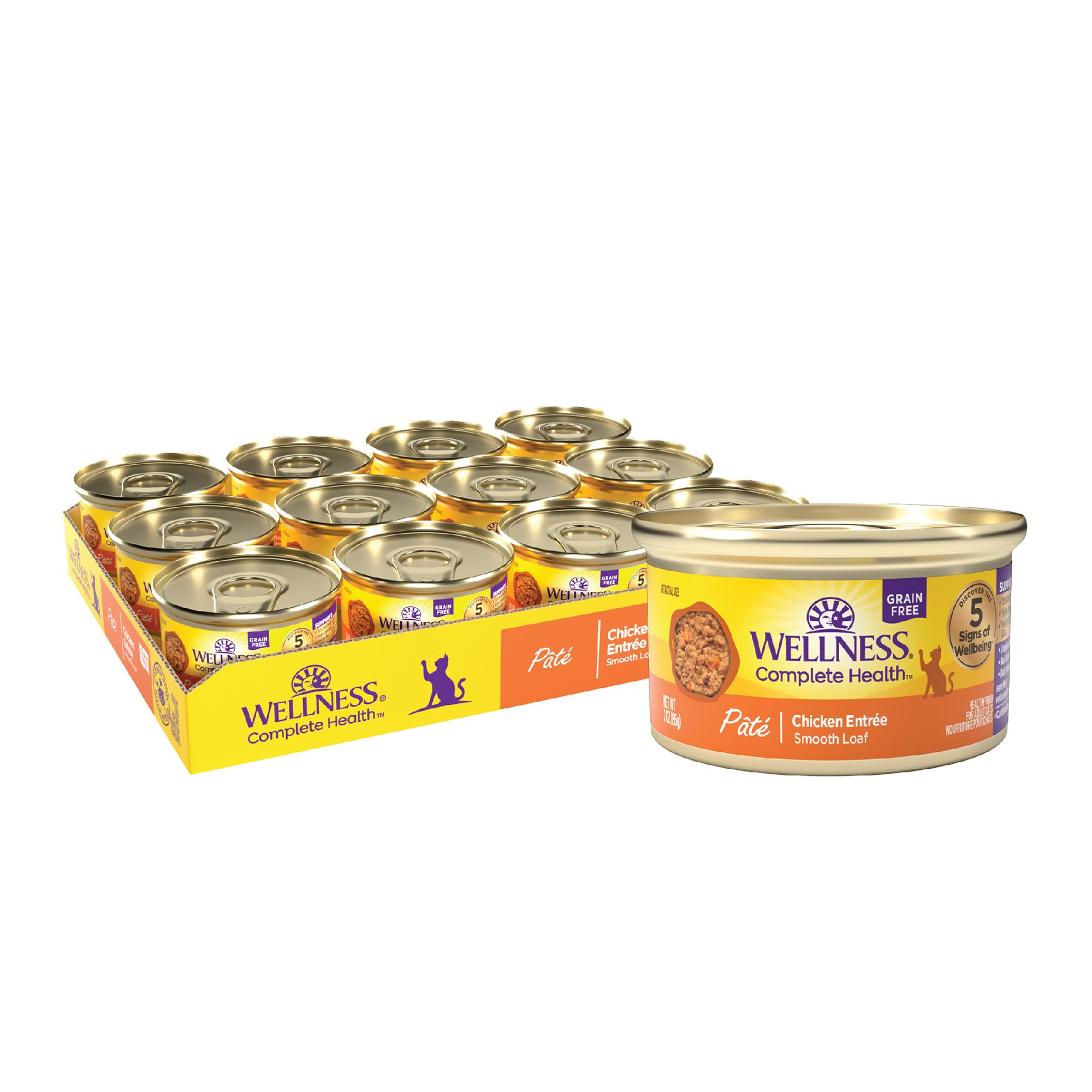 Wellness Pate: textura de paté en lata de pollo para gatos adultos, proteína de calidad para energía.